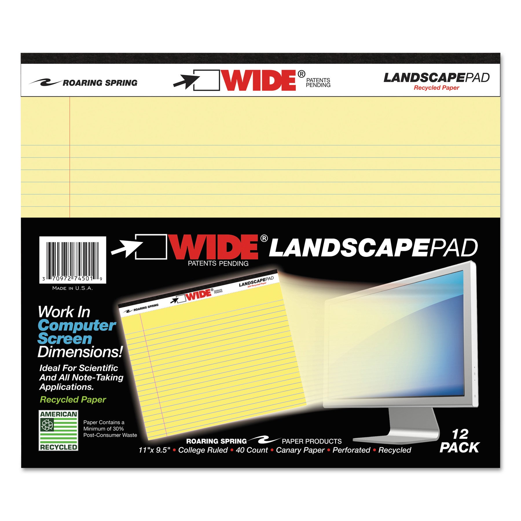 Roaring Spring® WIDE Landscape Format Writing Pad, College Ruled, 11 x 9 1/2, Canary, 40 Sheets