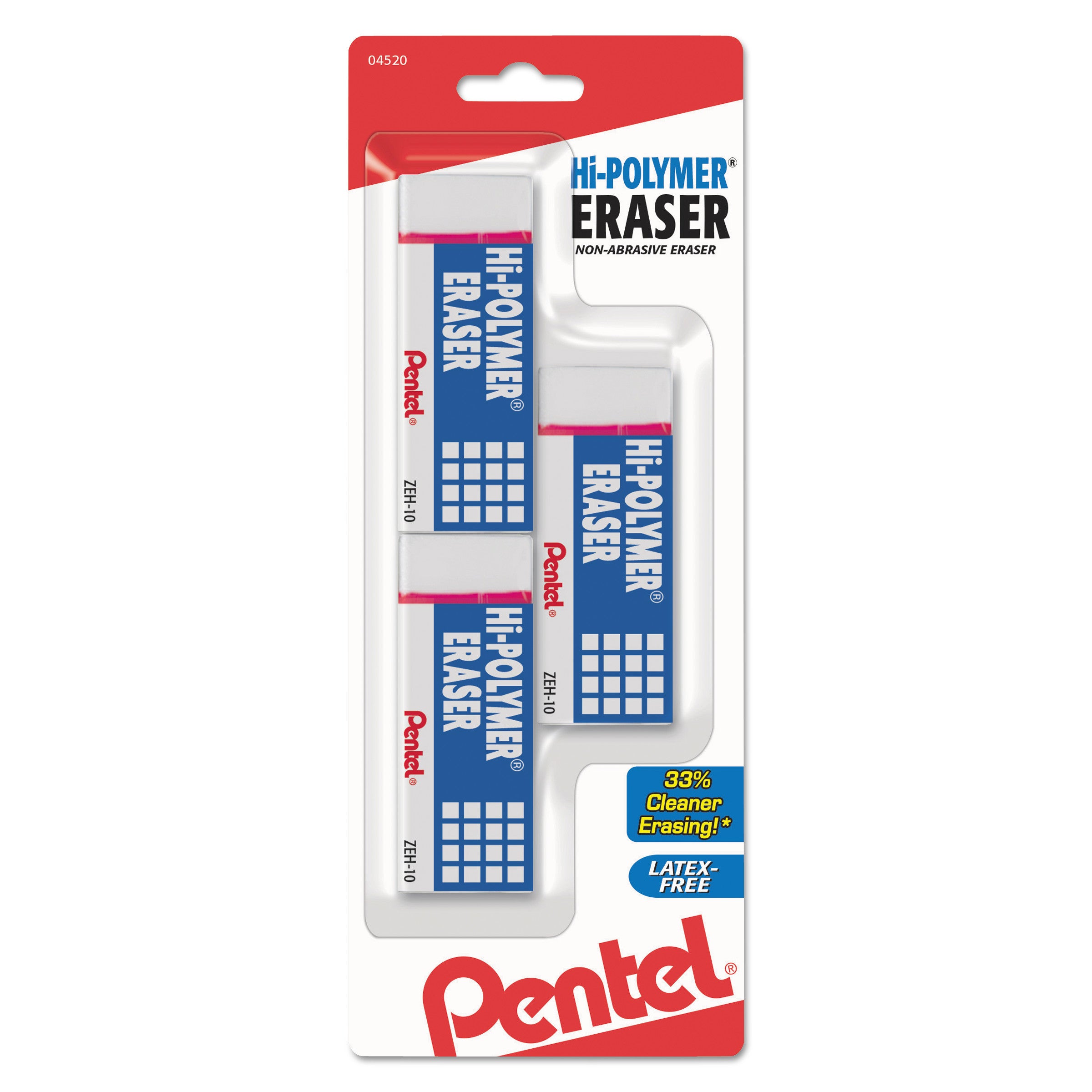 Pentel® Hi-Polymer Block Eraser, White, 3/Pack