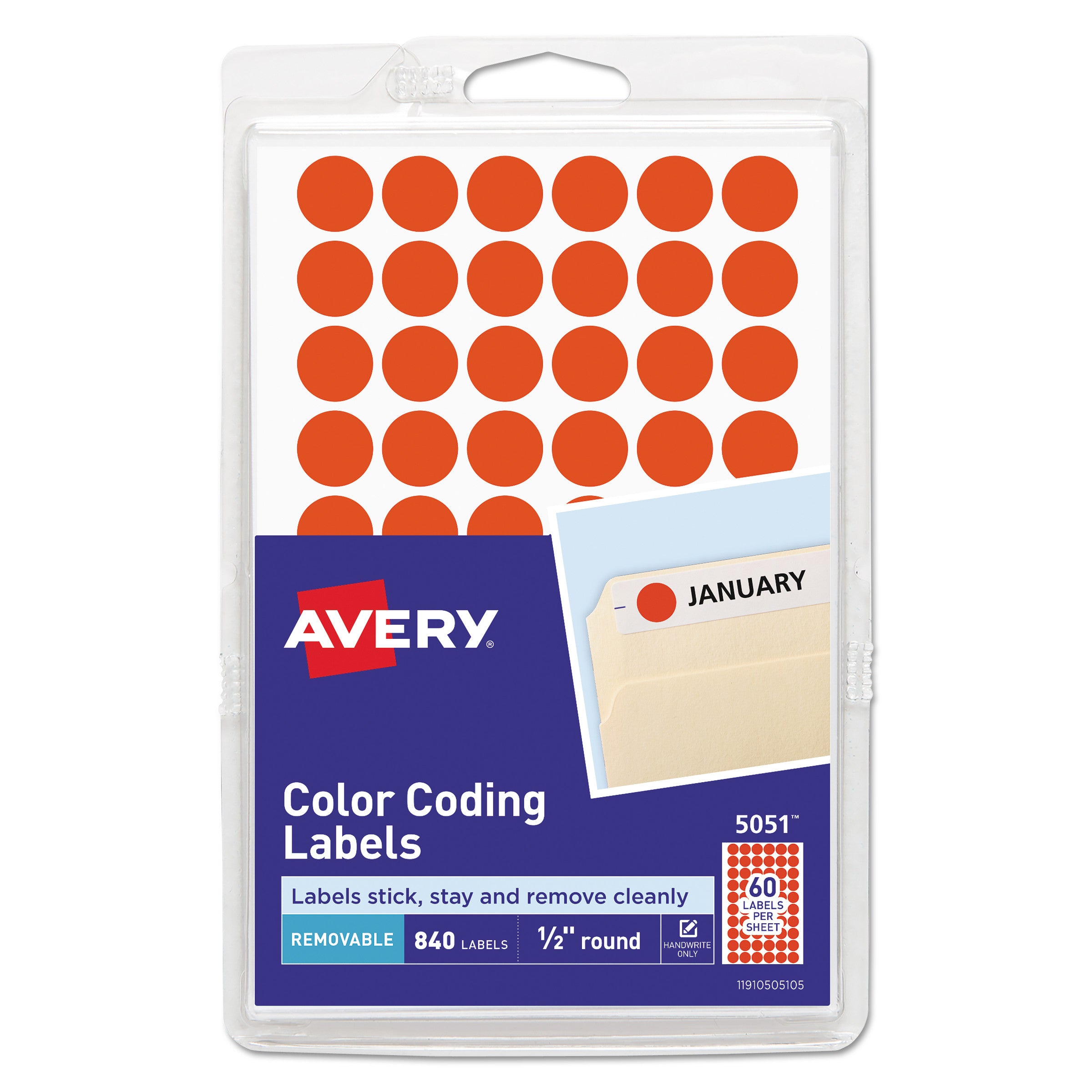 Avery® Handwrite Only Removable Round Color-Coding Labels, 1/2" dia, Neon Red, 840/Pack