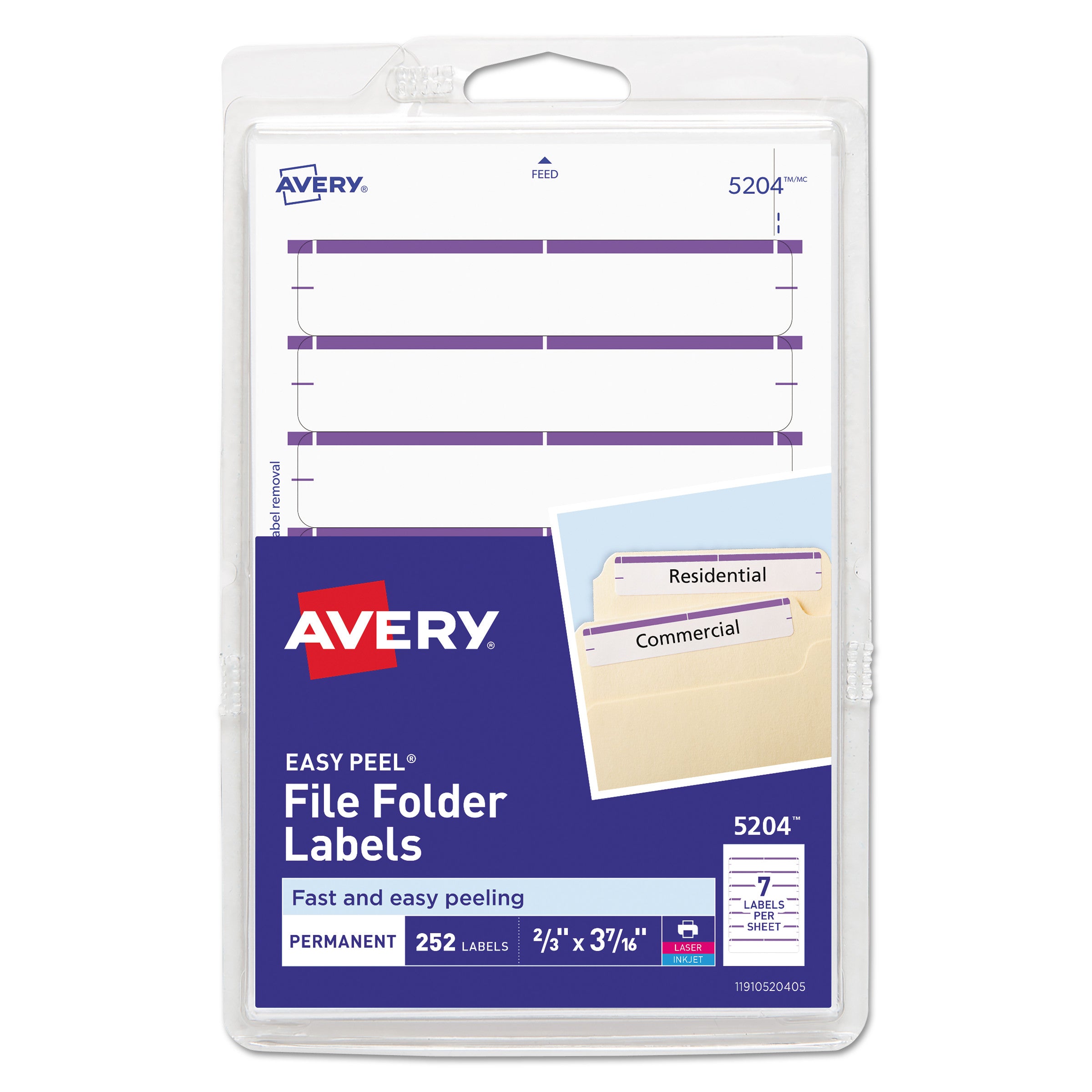 Avery® Print or Write File Folder Labels, 11/16 x 3 7/16, White/Purple Bar, 252/Pack