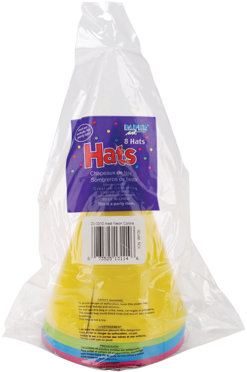 Party Hats 8/Pkg Assorted Neon