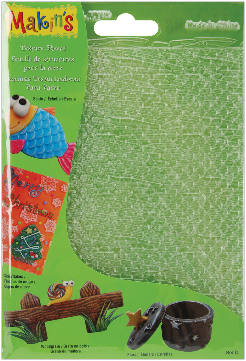 Makin's Clay Texture Sheets 7"X5.5" 4/Pkg Set D (Scale,Snowflake,Woodgrain&Stars)