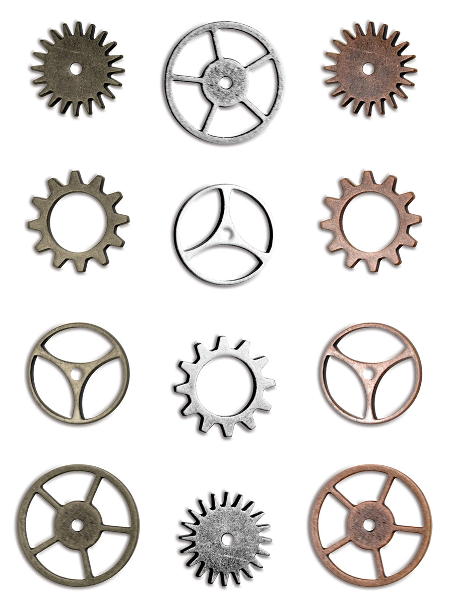 Idea-Ology Metal Sprocket Gears .75" To 1" 12/Pkg Antique Nickel, Brass & Copper