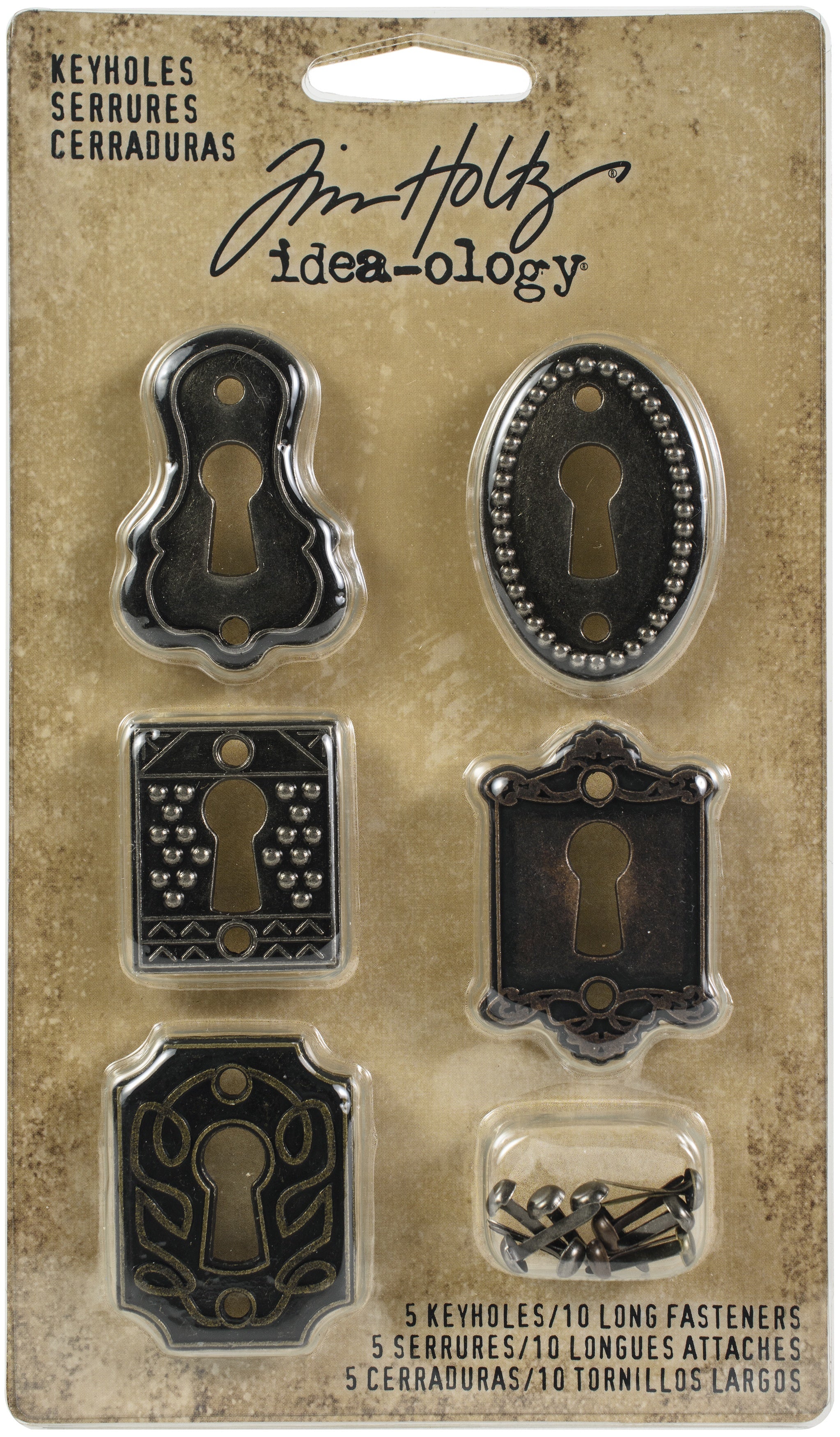 Idea-Ology Keyholes W/Fasteners .75"X1" To 1"X1.5" 5/Pkg Antique Nickel, Brass & Copper
