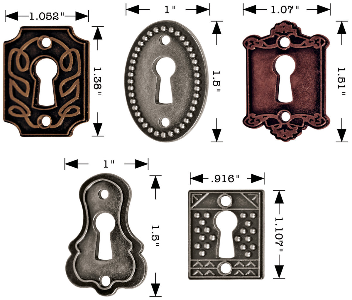 Idea-Ology Keyholes W/Fasteners .75"X1" To 1"X1.5" 5/Pkg Antique Nickel, Brass & Copper