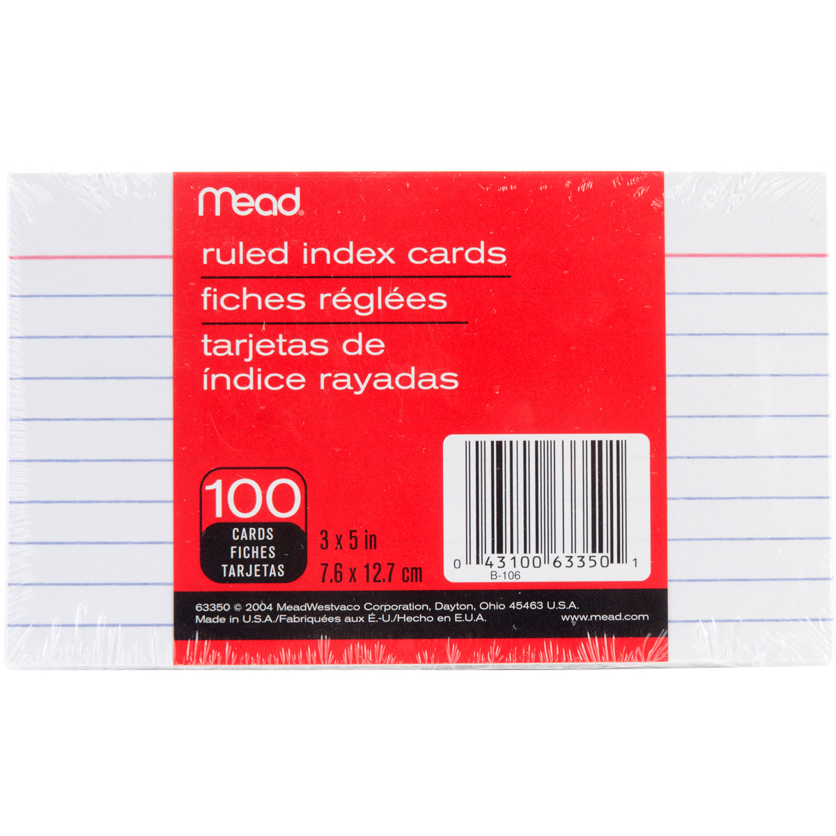 Mead Index Cards 3"X5" 100/Pkg Ruled White