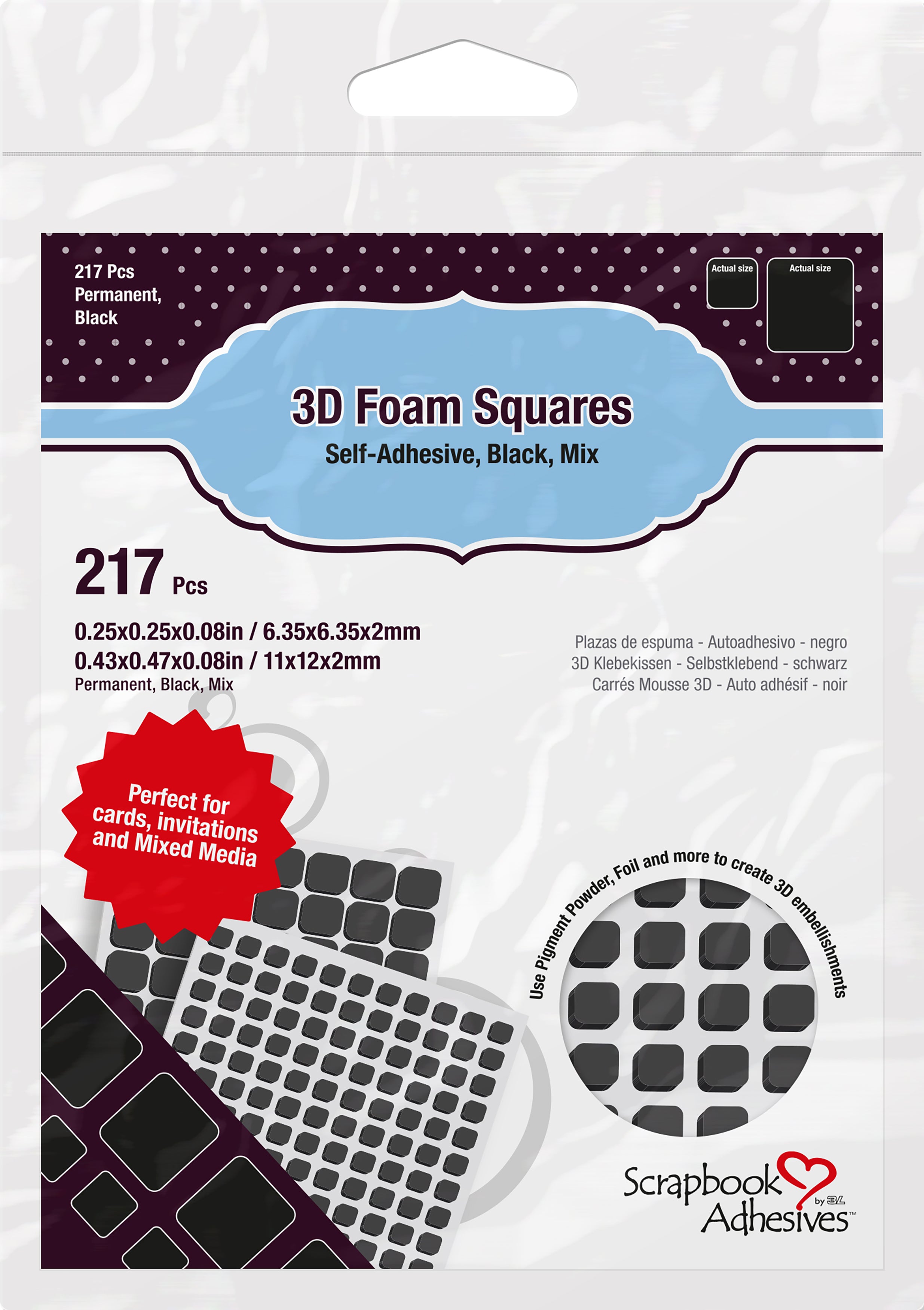 Scrapbook Adhesives 3D Foam Sqaures Variety Pack 217/Pkg Black (63) .5"X.5", (154) .25"X.25"
