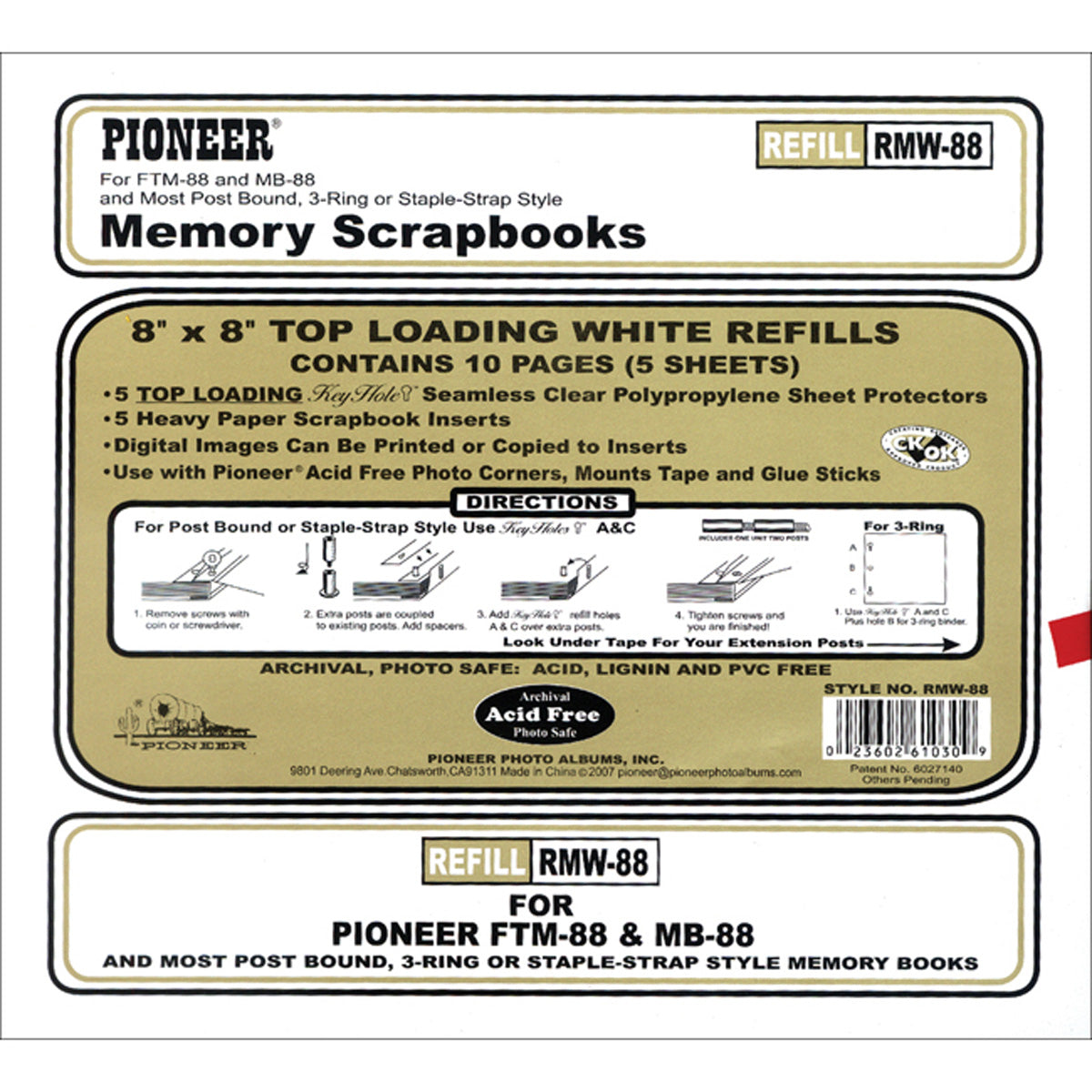 Pioneer Universal Top-Loading Page Protectors 5/Pkg 8"X8" (W/White Inserts)