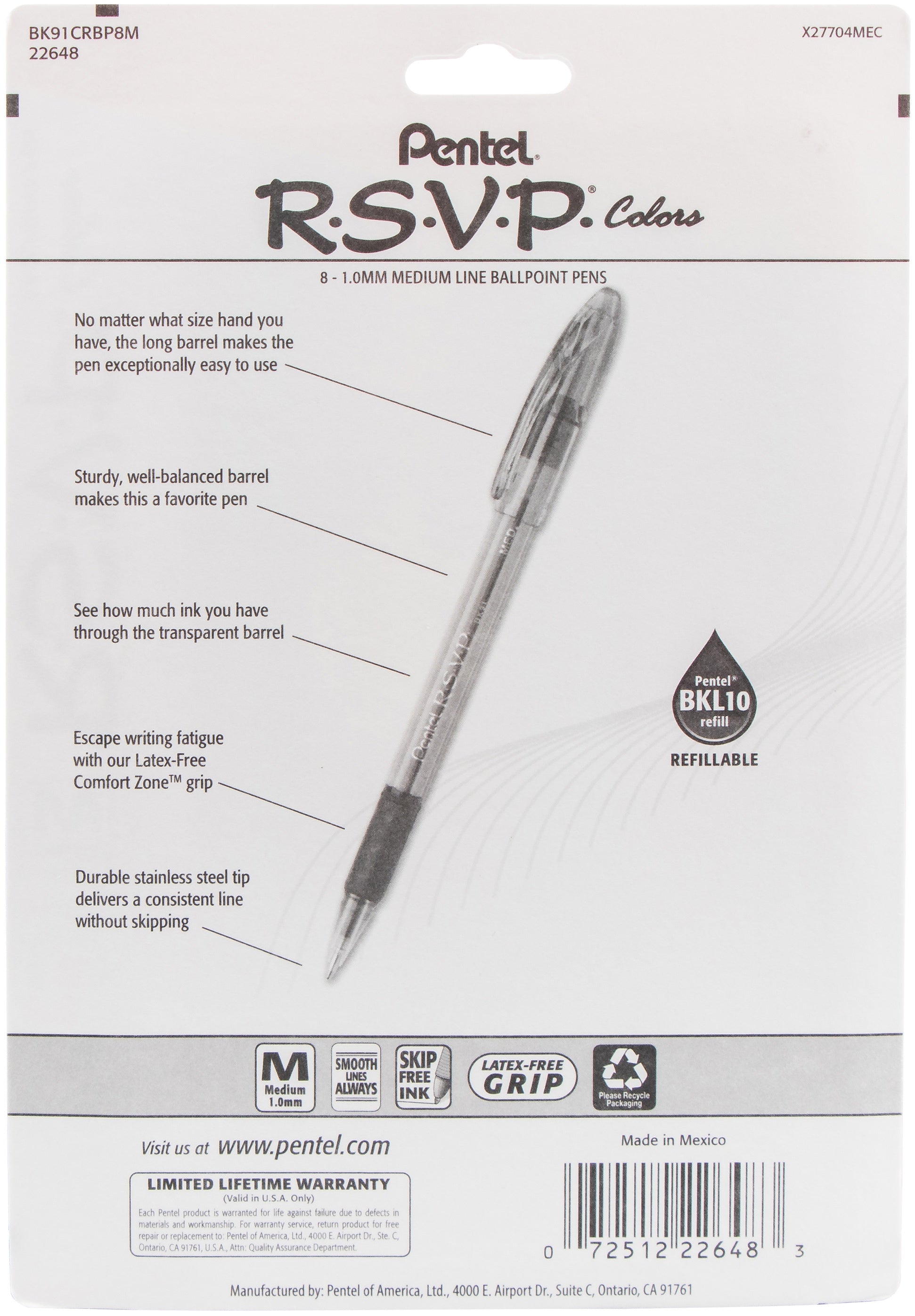 Pentel R.S.V.P. Medium Ballpoint Pens 8/Pkg Assorted Colors