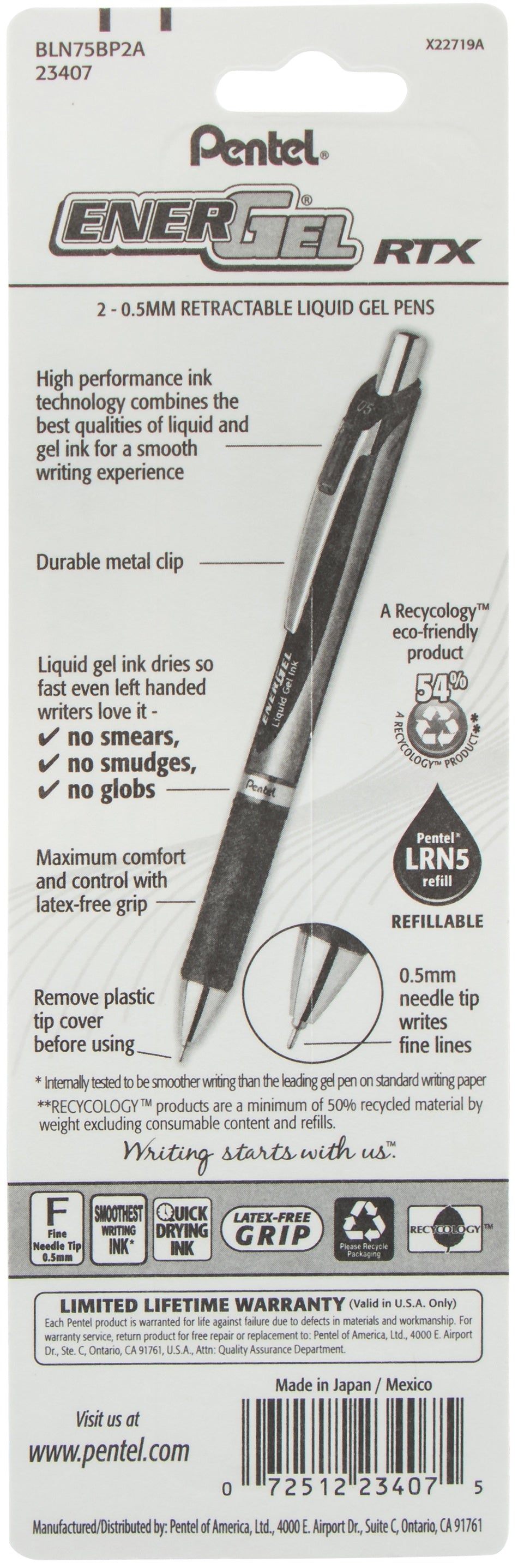Pentel Energel Retractable Fine Point Liquid Gel Pens 2/Pkg Black