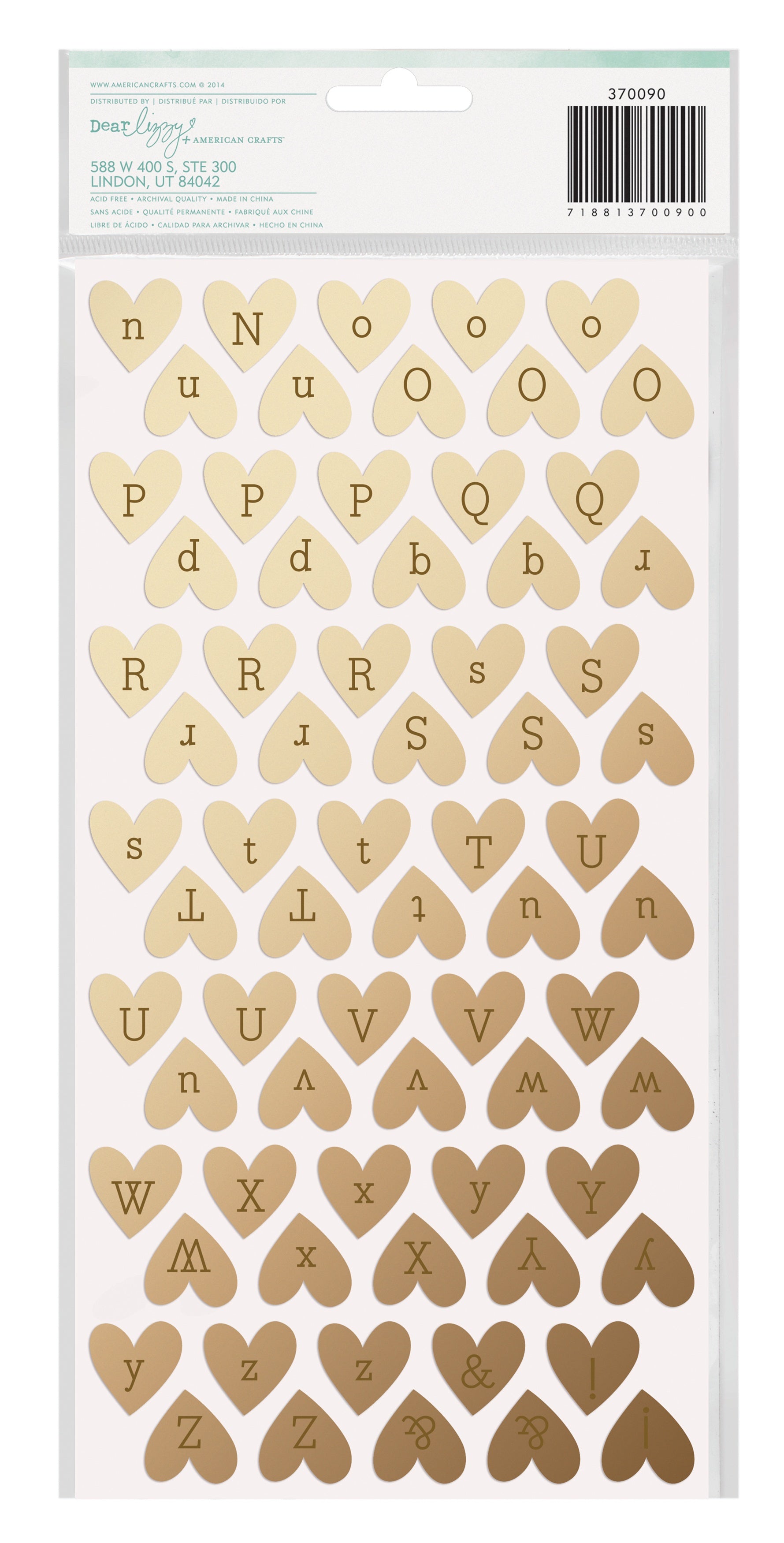 Dear Lizzy Fine & Dandy Thickers Alpha Stickers 5.5x11 2/Pkg-Sparkling Hearts/Gold Foiled Chipboard
