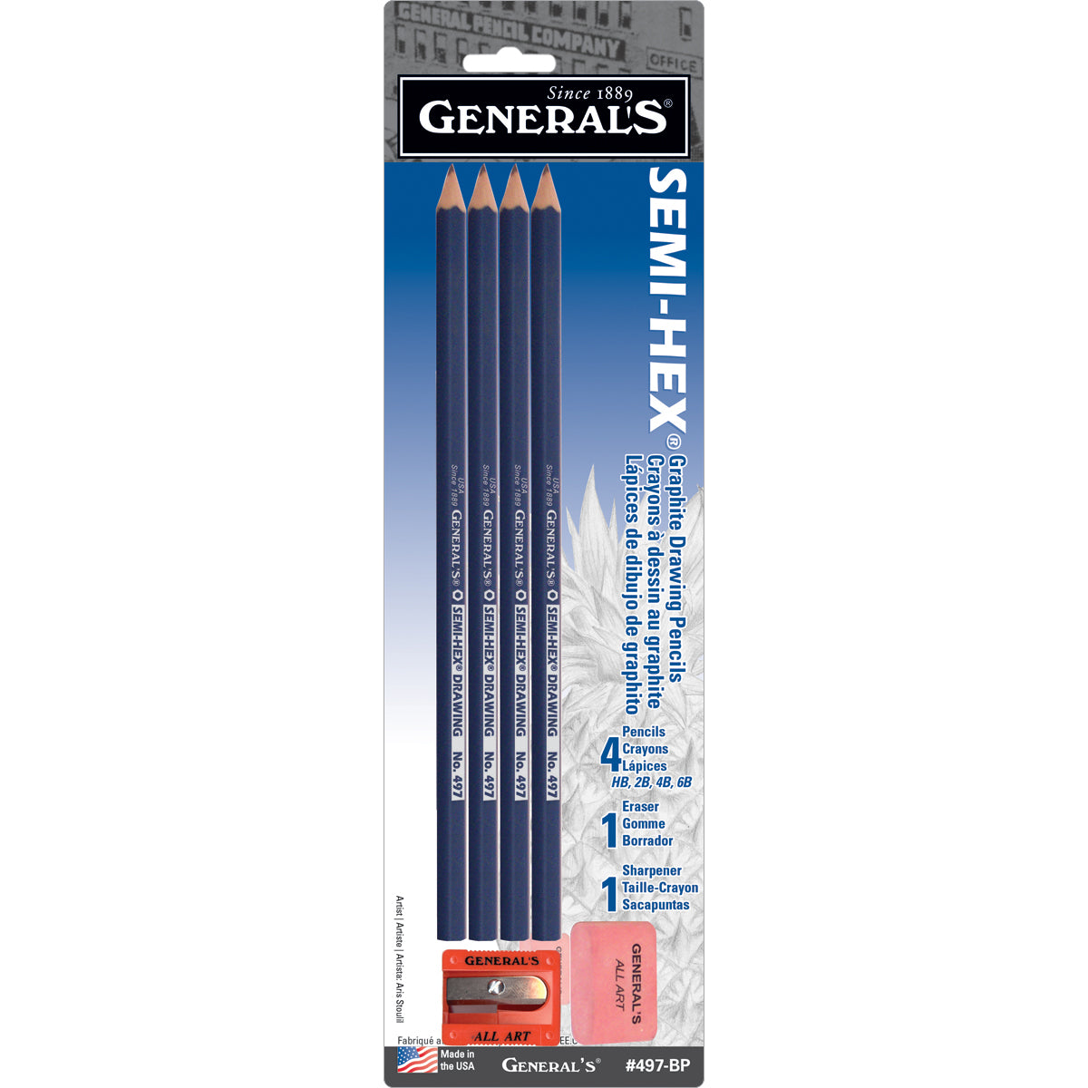Semi-Hex Graphite Drawing Pencils 4/Pkg HB, 2B, 4B, & 6B