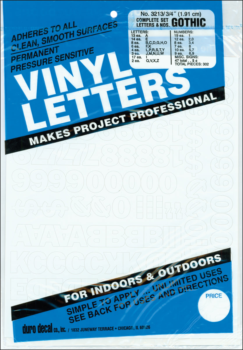 Permanent Adhesive Vinyl Letters & Numbers .75" 302/Pkg White
