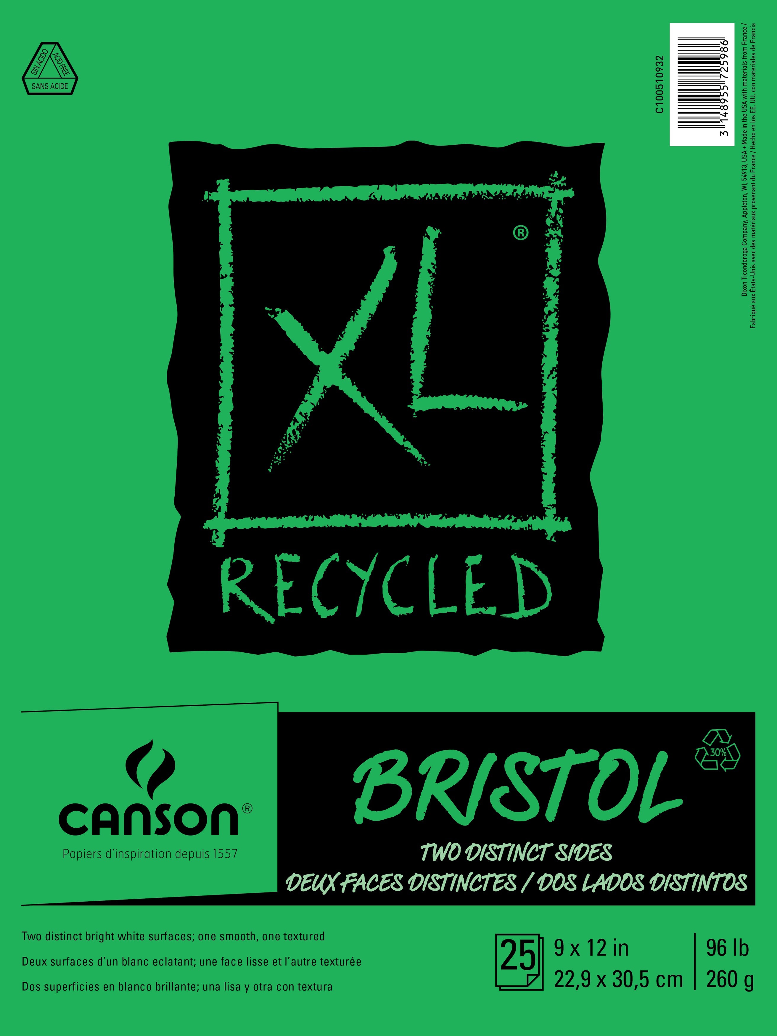 Canson XL Recycled Bristol Paper Pad 9"X12" 25 Sheets 