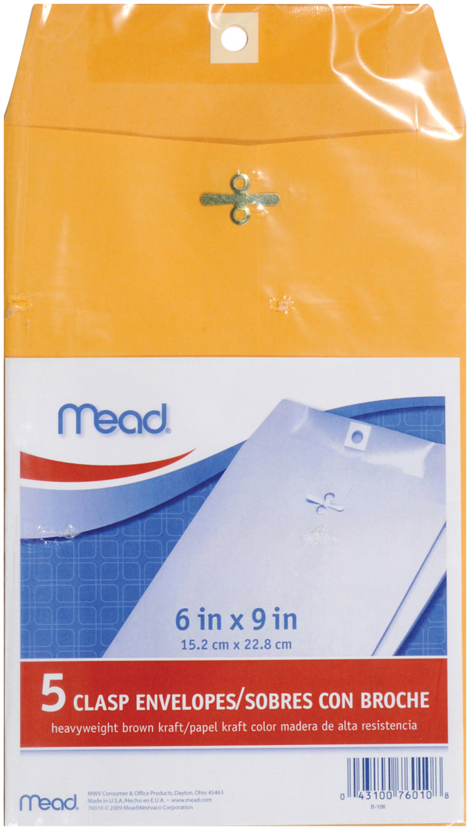 Mead Clasp Envelopes 6"X9" 5/Pkg Heavy Kraft