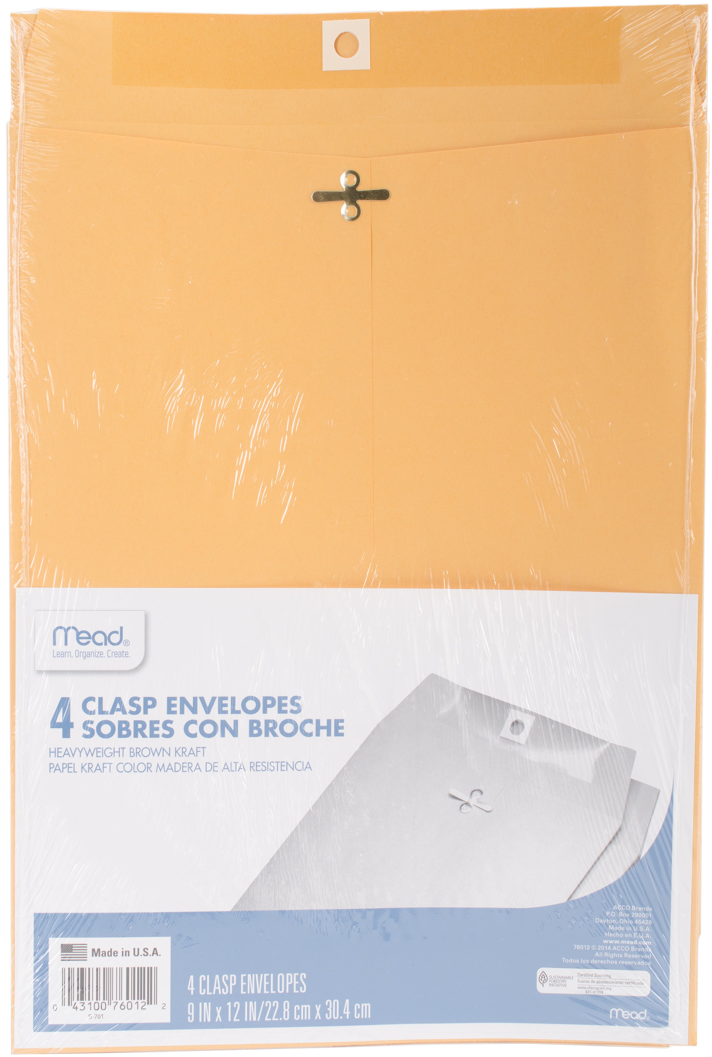 Mead Clasp Envelopes 9"X12" 4/Pkg Heavy Kraft