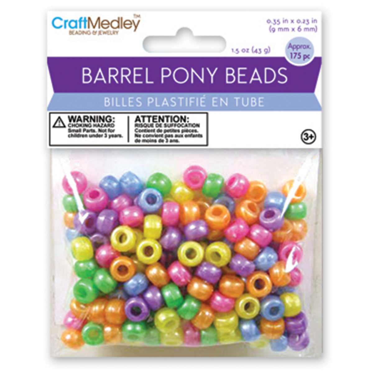 Barrel Pony Beads 6mmX9mm 175/Pkg Pearlized Multicolor