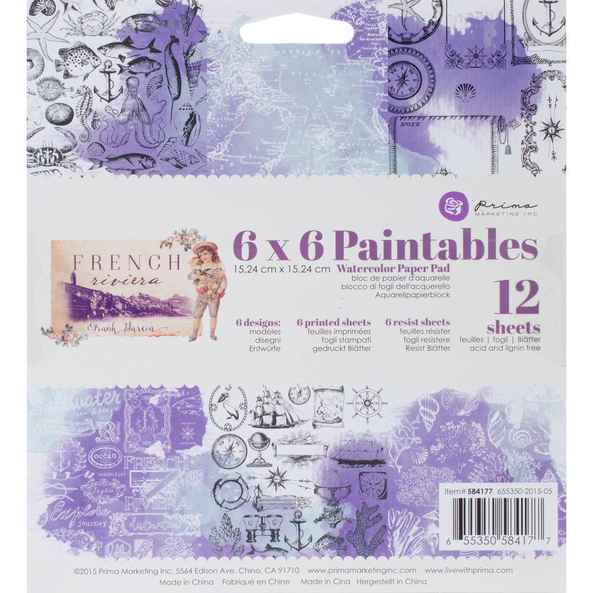 Prima Marketing Paintables Watercolor Paper Pad 6"X6" 12/Pkg French Riviera