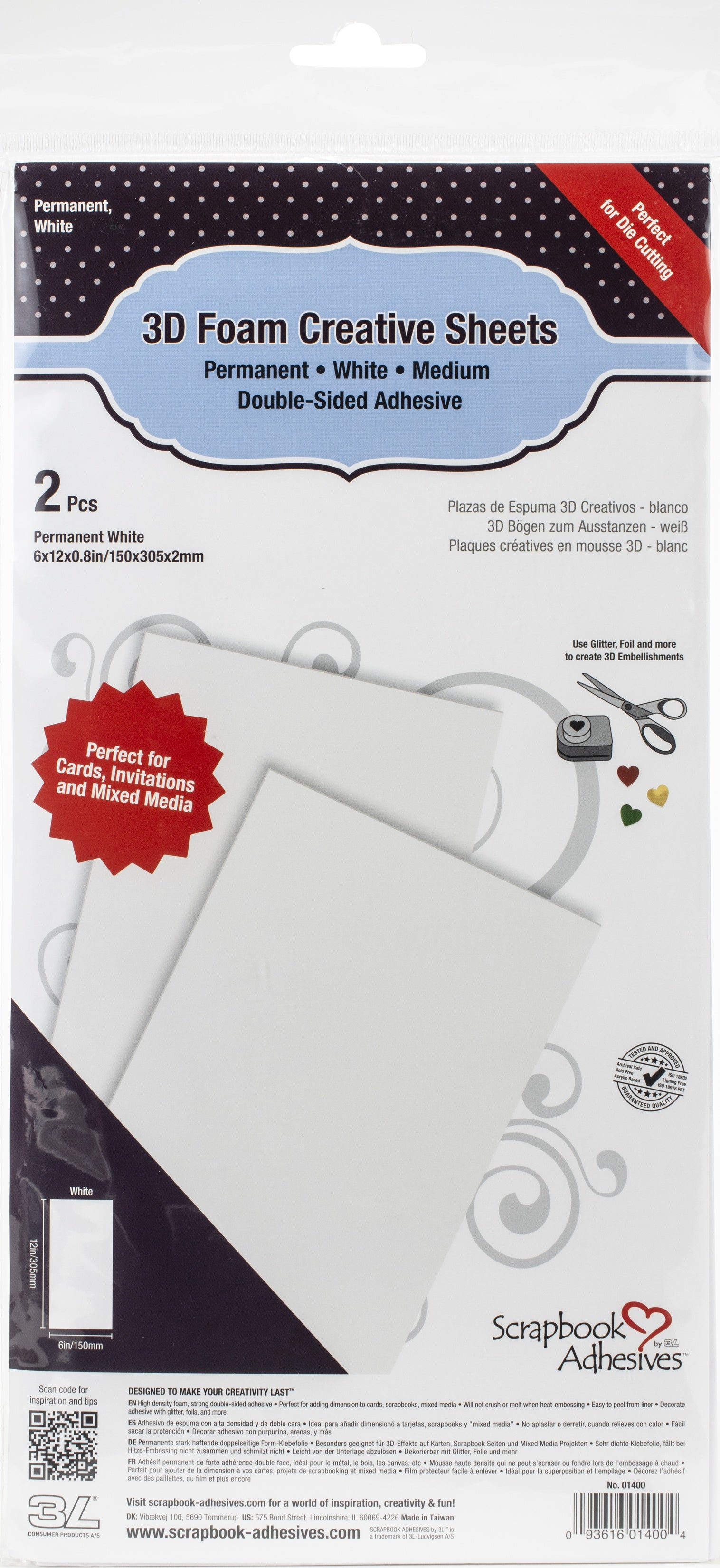 Scrapbook Adhesives 3D Foam Creative Sheets 2/Pkg White 6"X12"