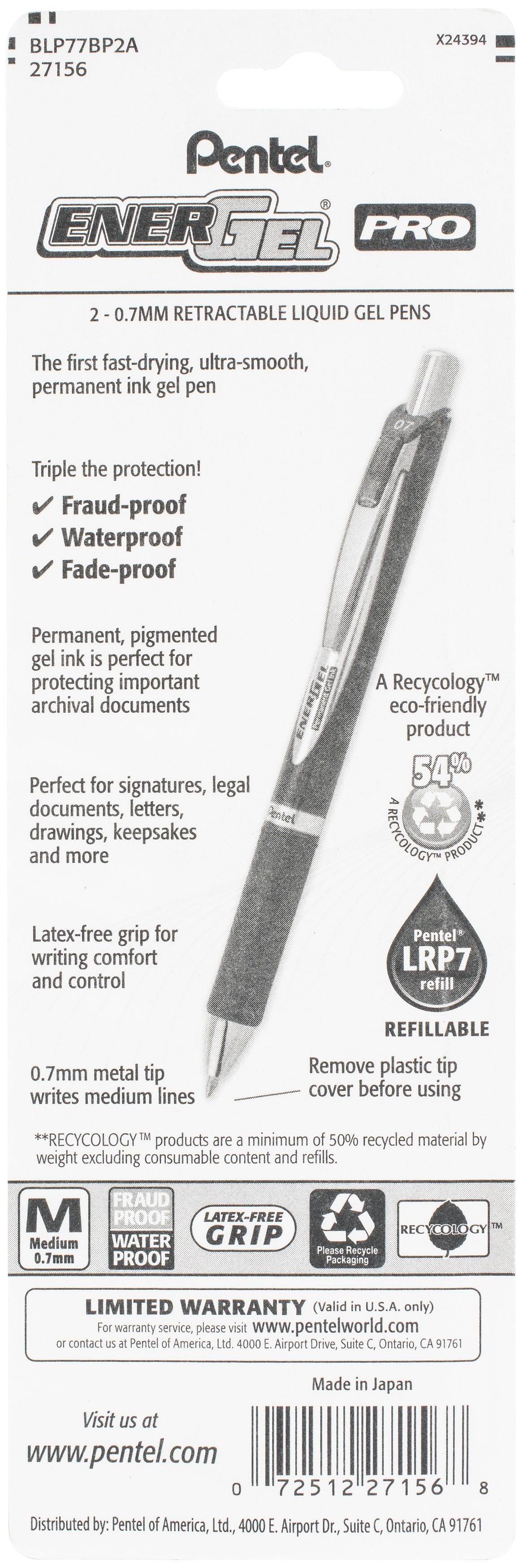 Pentel EnerGel PRO Permenant Gel Pen .7mm 2/Pkg Black