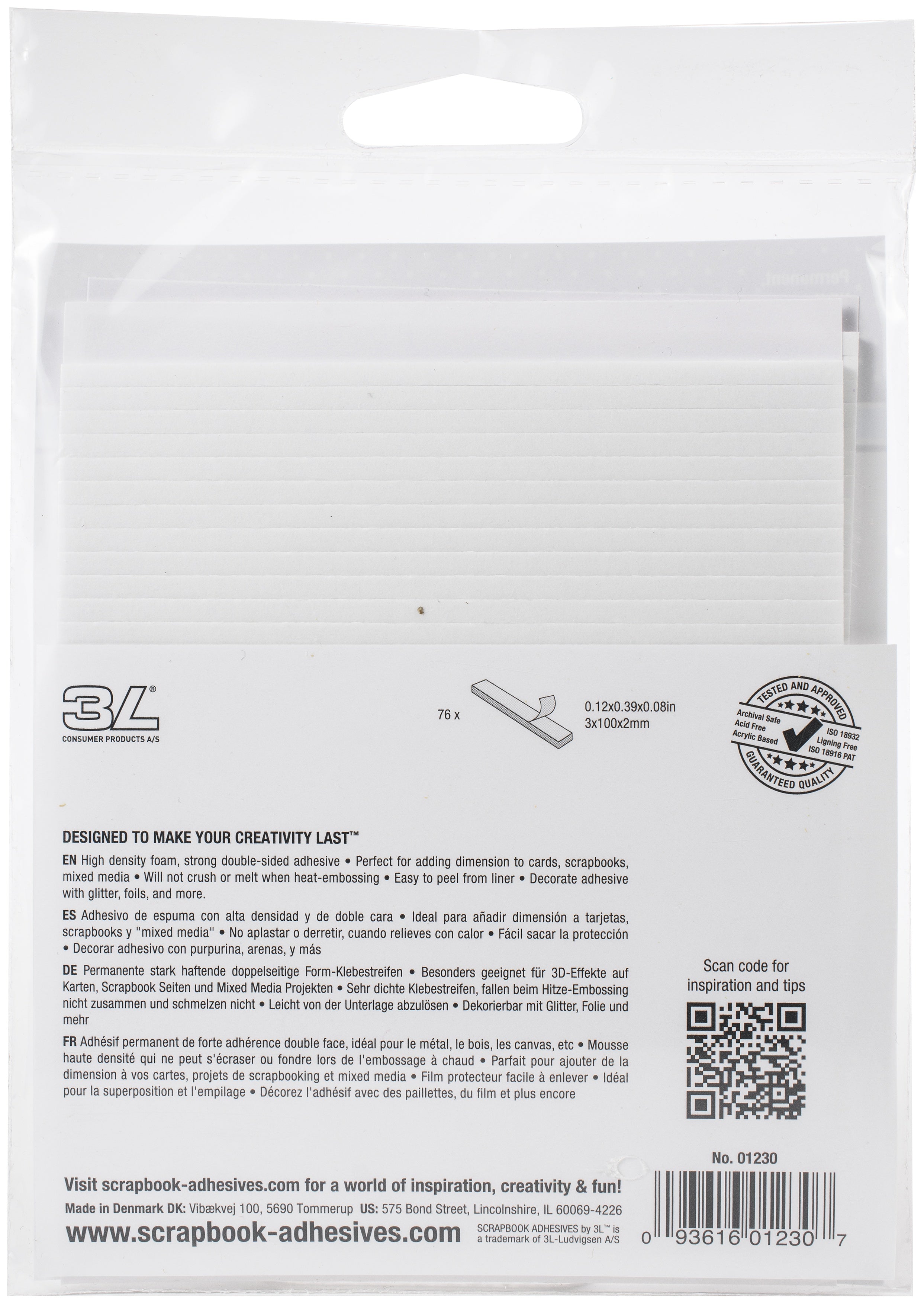 Scrapbook Adhesives 3D Foam Strips 76/Pkg White, 0.12"X3.93"X0.08"