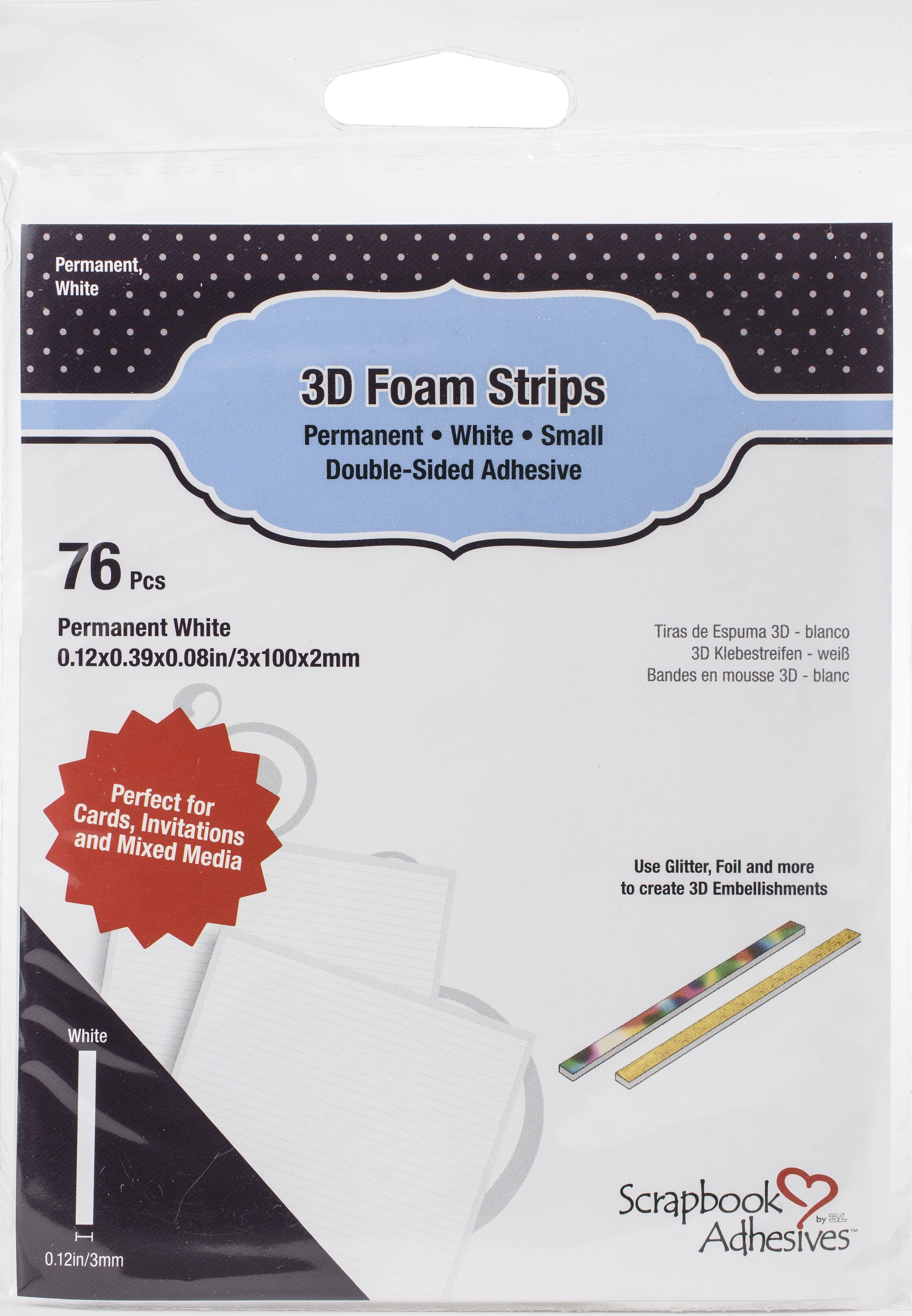 Scrapbook Adhesives 3D Foam Strips 76/Pkg White, 0.12"X3.93"X0.08"