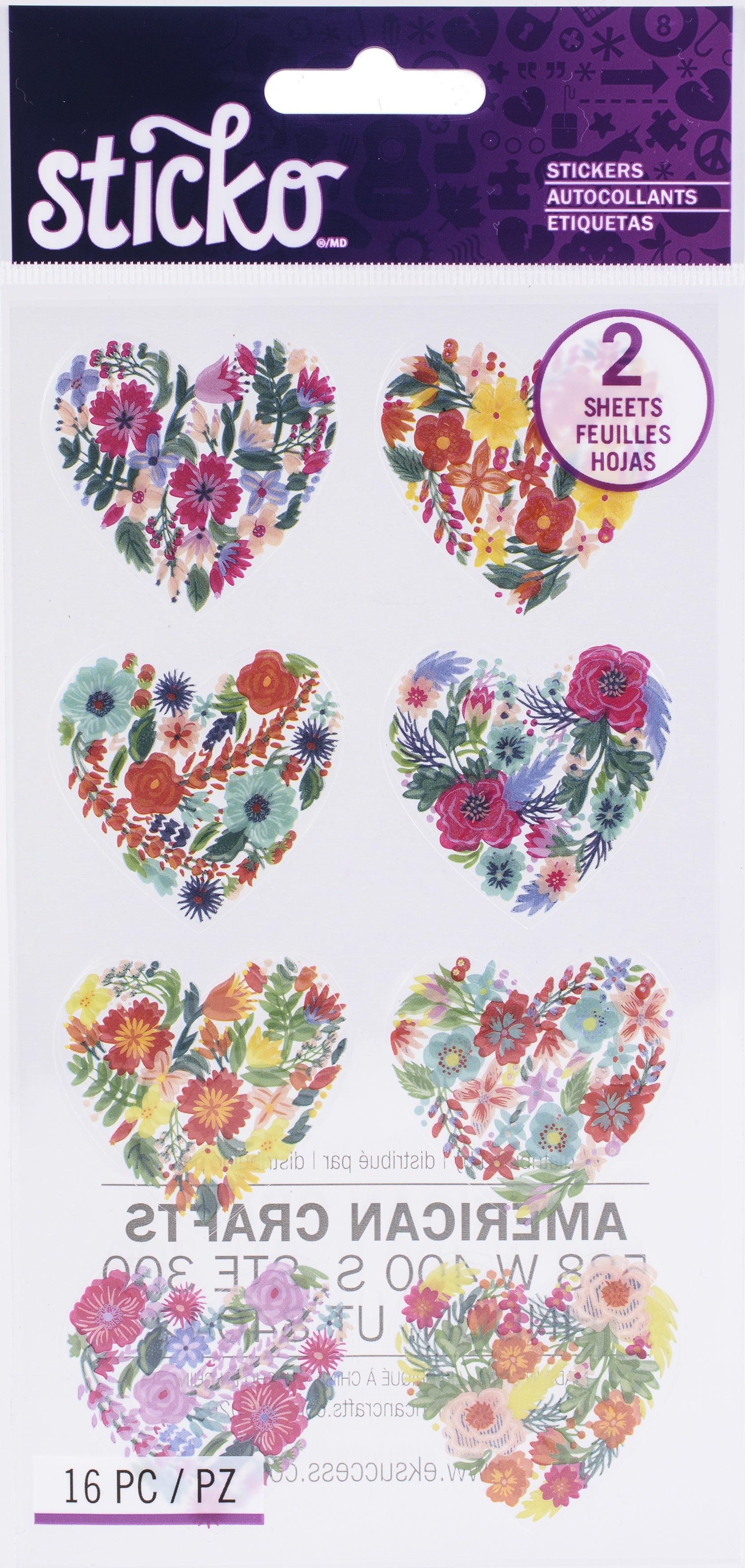 Sticko Flat Stickers Floral Hearts, 16/Pkg
