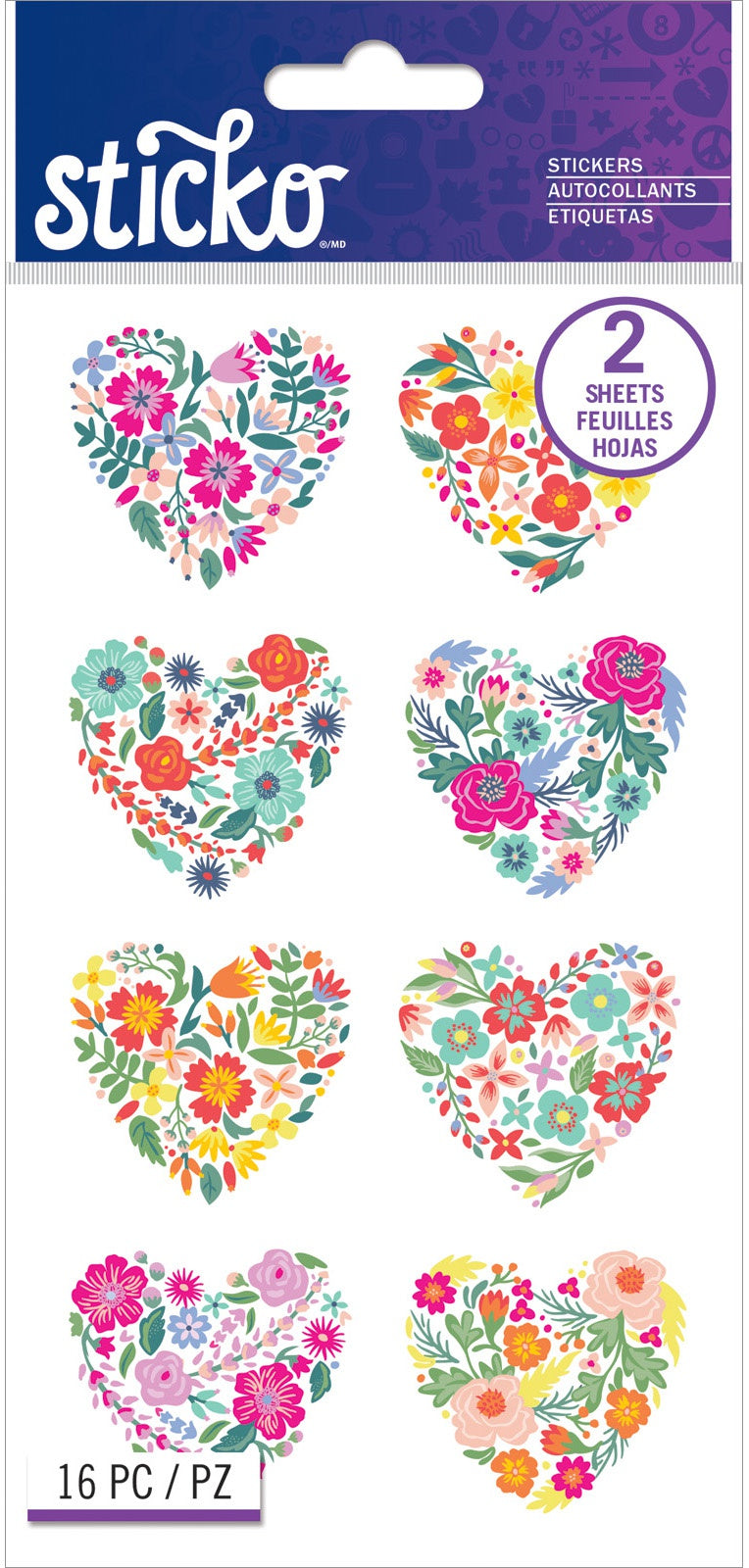 Sticko Flat Stickers Floral Hearts, 16/Pkg
