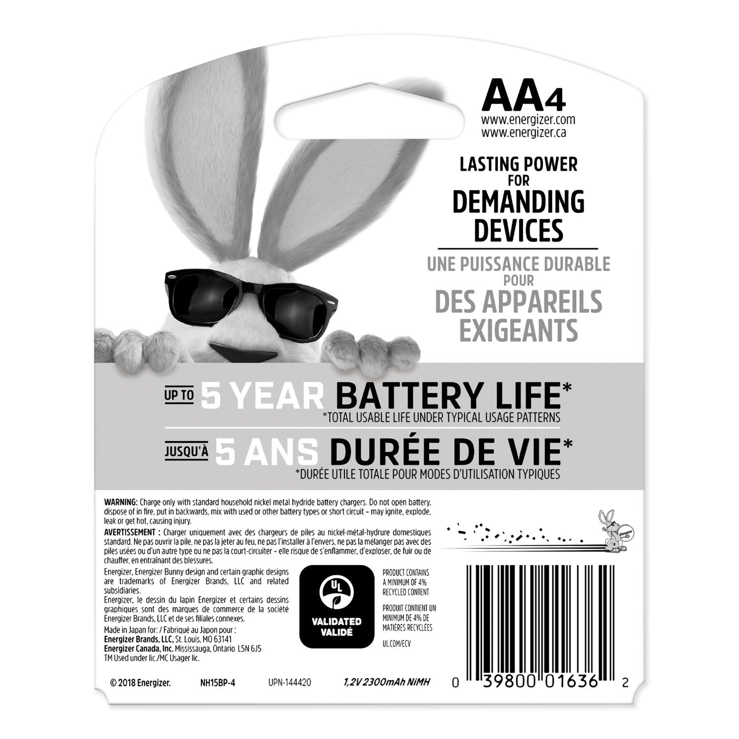 Energizer® NiMH Rechargeable Batteries, AA, 4 Batteries/Pack