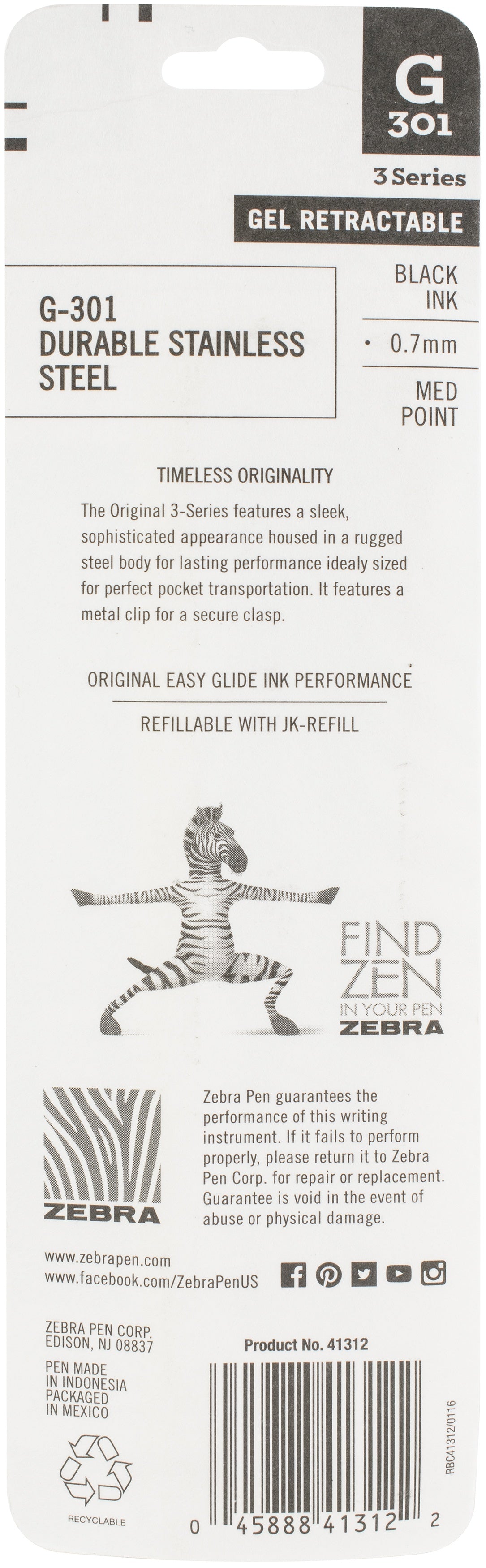Zebra G301 Stainless Steel Gel Retractable Pen 2/Pkg Black Ink 0.7mm Medium Point
