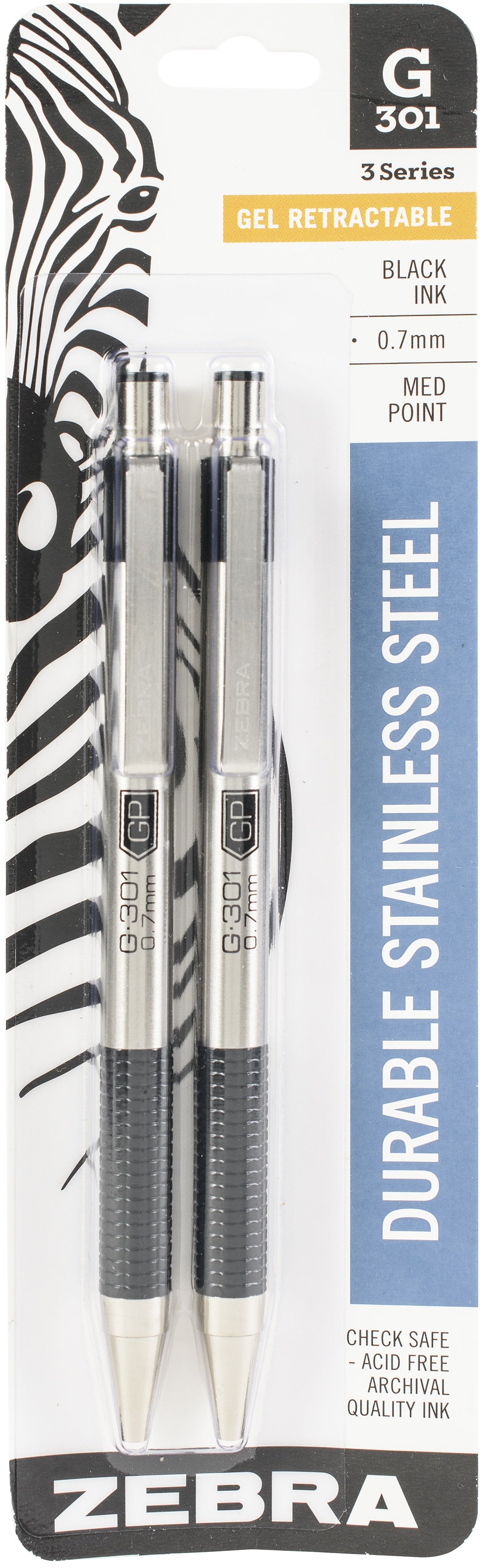 Zebra G301 Stainless Steel Gel Retractable Pen 2/Pkg Black Ink 0.7mm Medium Point