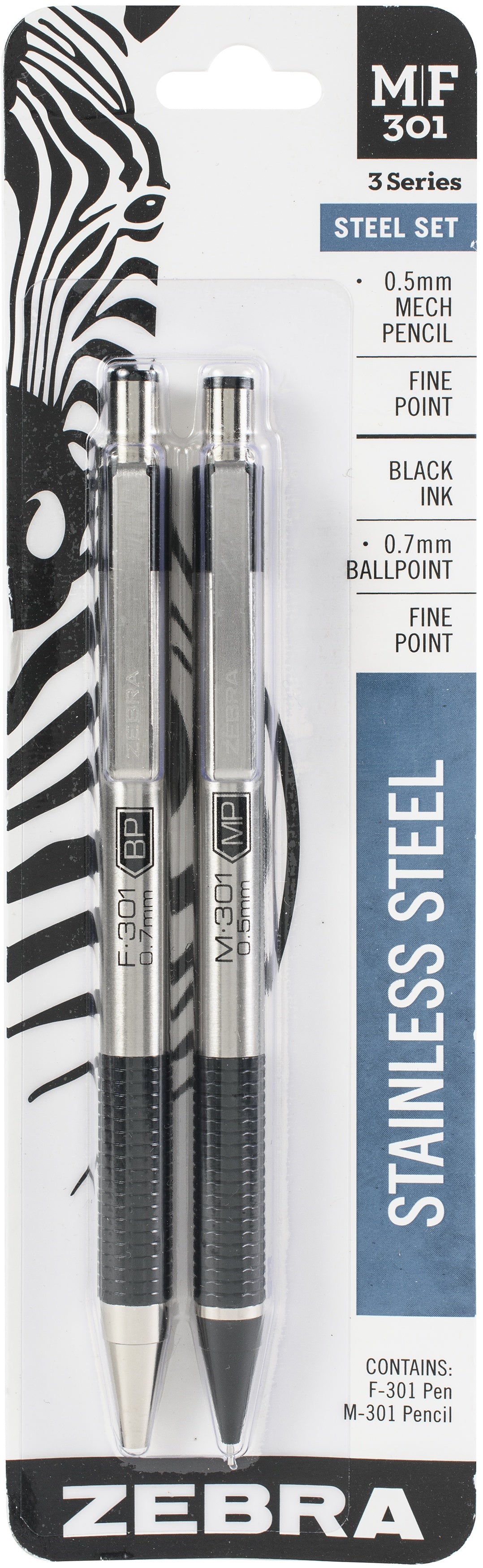 Zebra M/F 301 Stainless Steel Pen & Pencil Set 2/Pkg Pen 0.7mm & Mechanical Pencil 0.5mm
