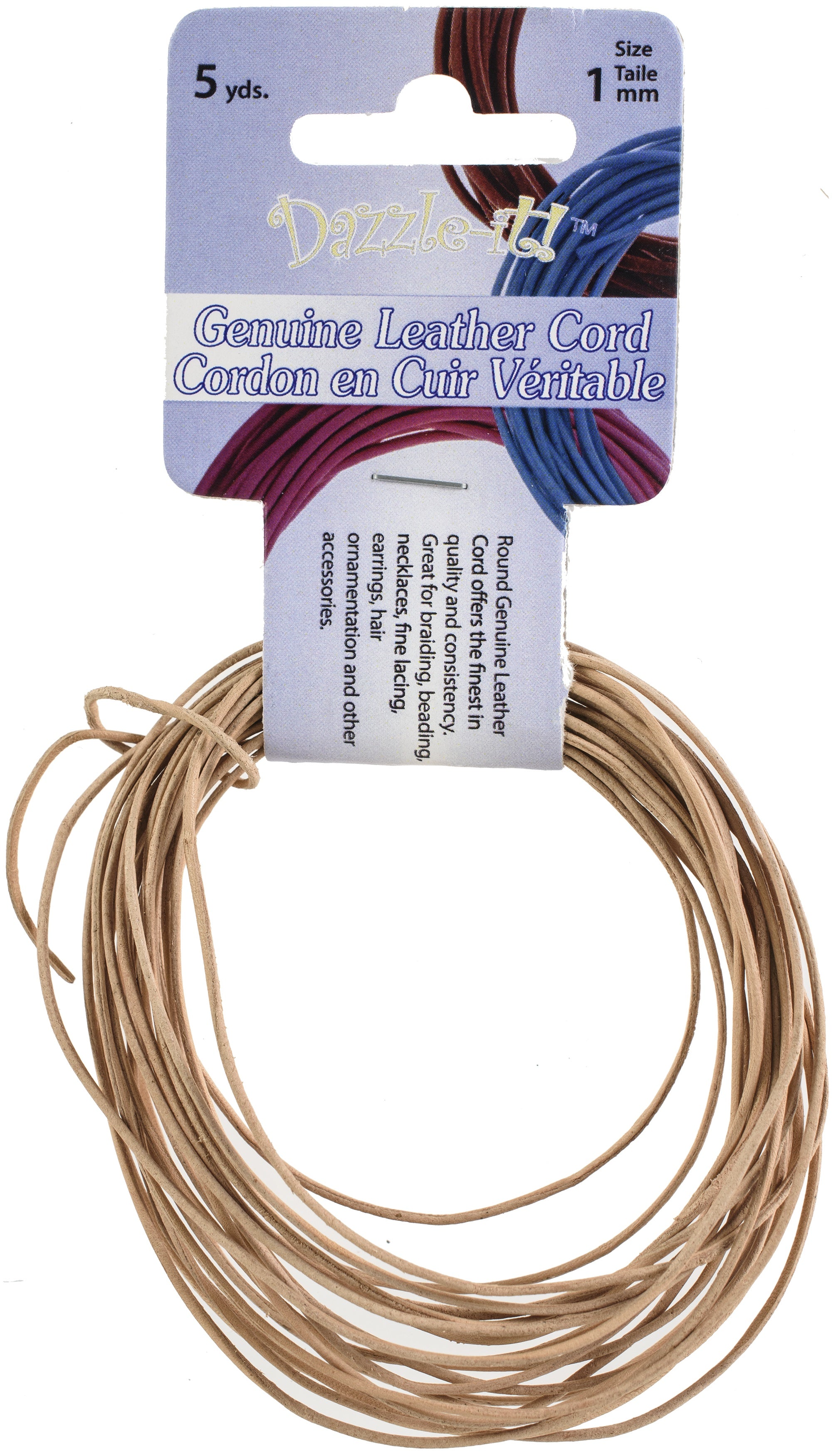 Dazzle-It Genuine Leather Cord 1mm Round 5yd Natural