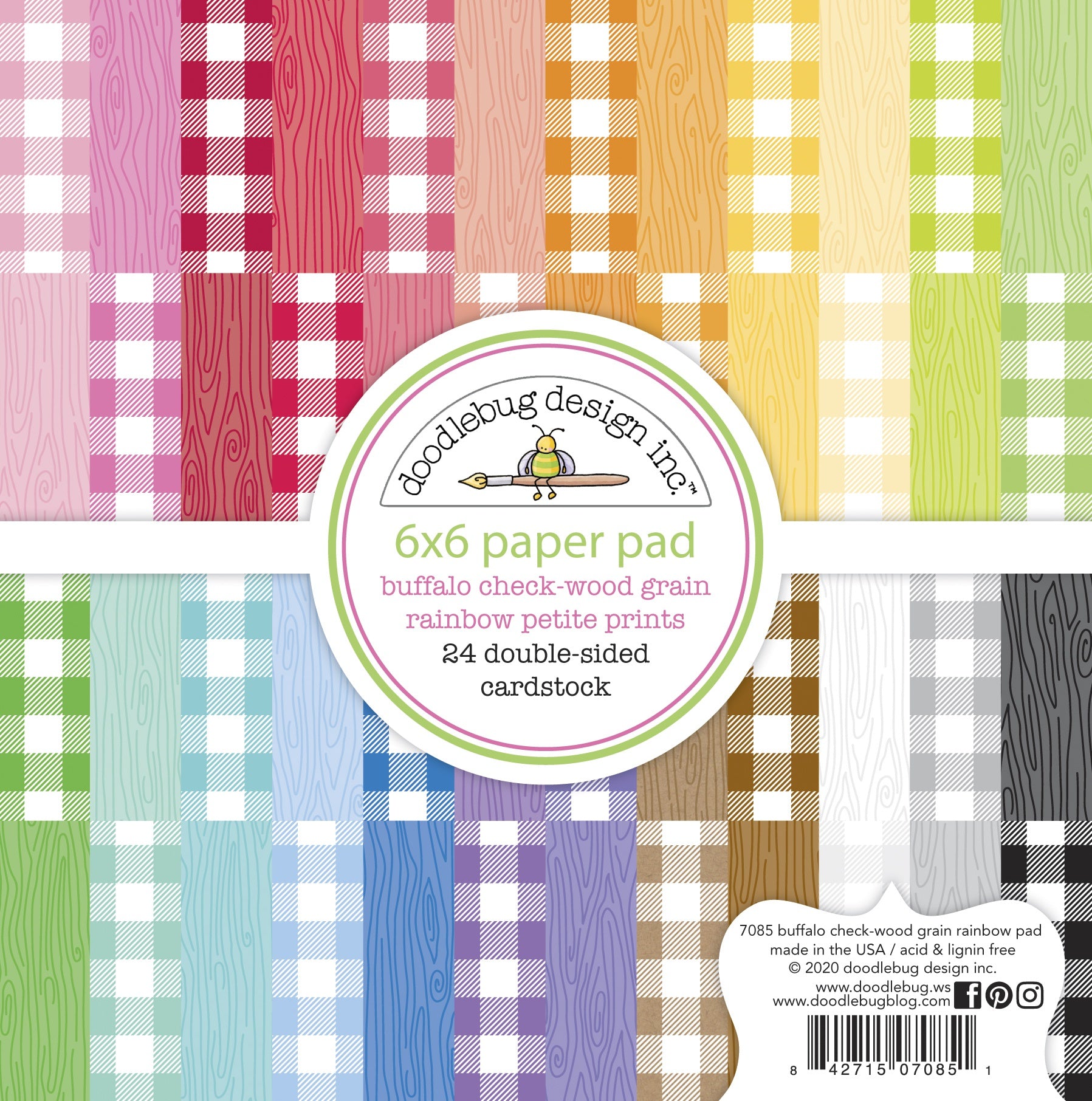 Doodlebug Petite Prints Double-Sided Paper Pad 6"X6" 24/Pkg Buffalo Check-Wood Grain Rainbow