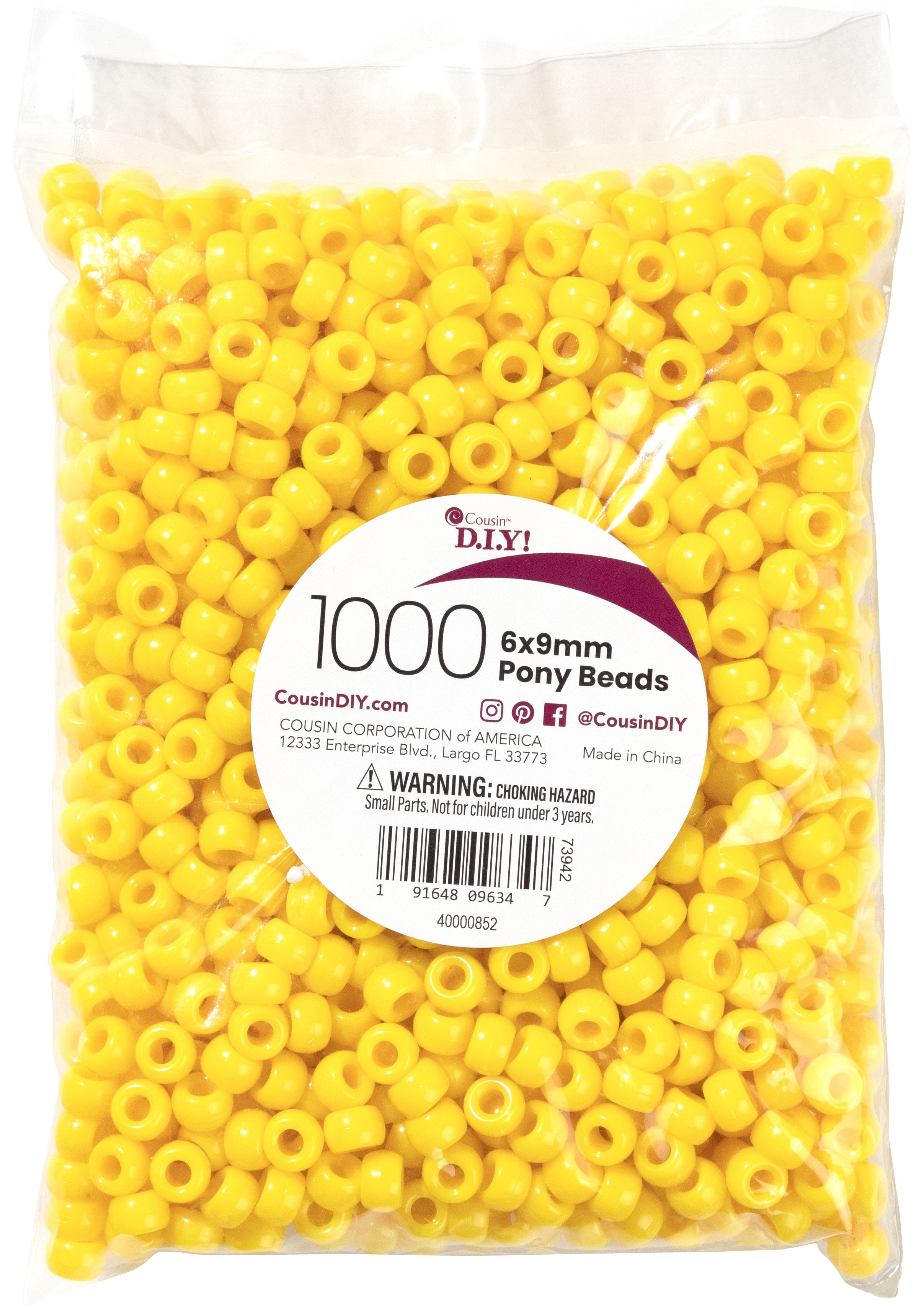 Pony Beads 6mmx9mm 1,000/Pkg Opaque Lemon