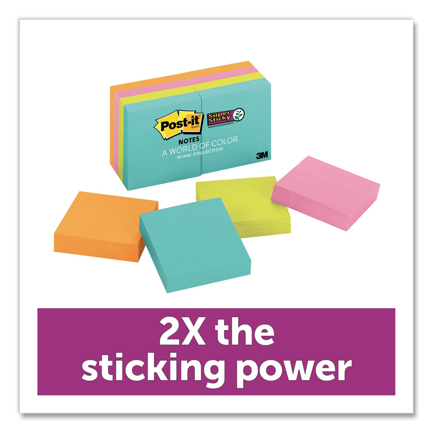 Post-it® Notes Super Sticky Pads in Miami Colors, 2 x 2, 90/Pad, 8 Pads/Pack