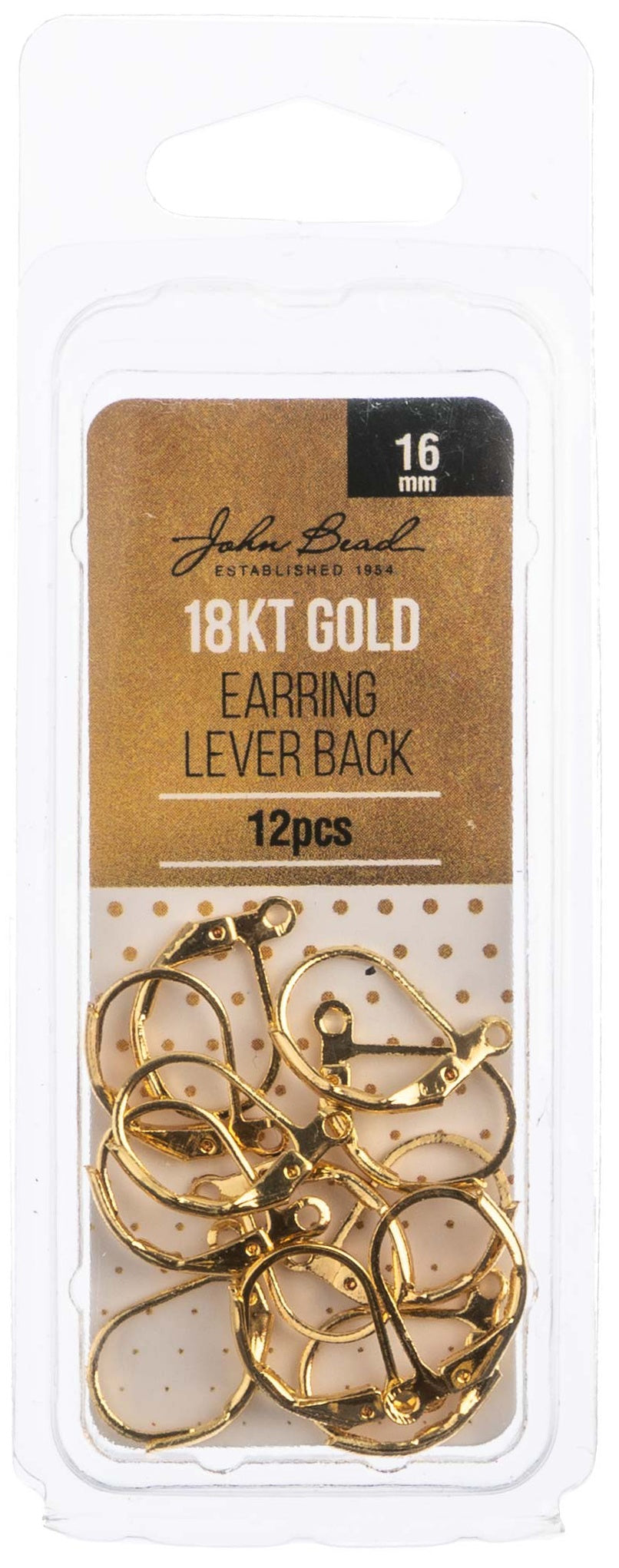 Earring Lever Back 16mm 12/Pkg 18kt Gold Plated
