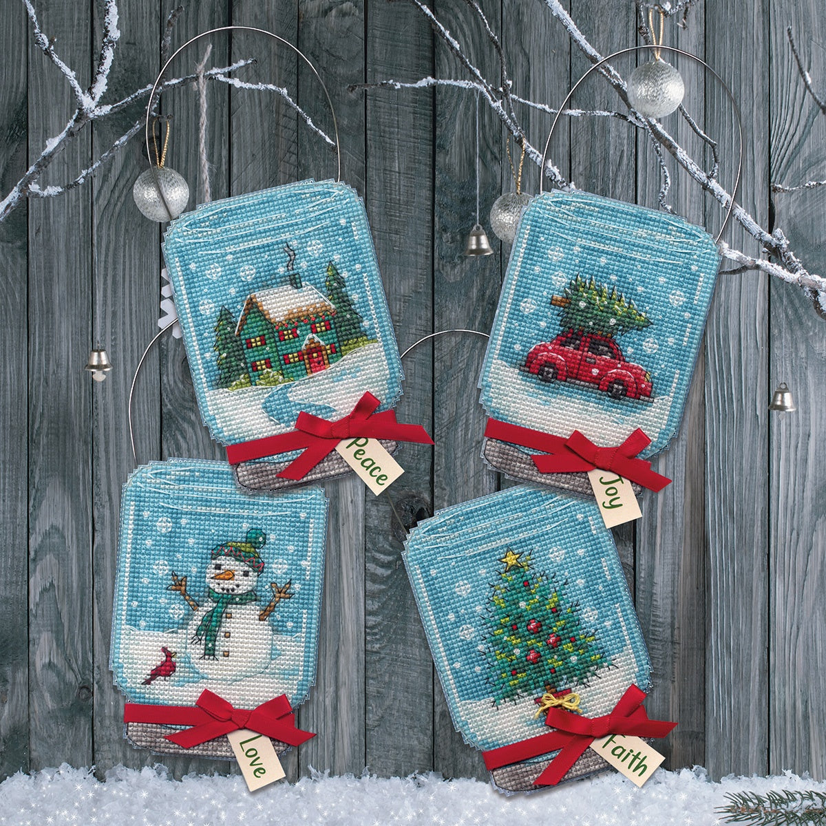 Dimensions Counted Cross Stitch Ornament Kit Set of 4 Christmas Jar Ornaments (14 Count)