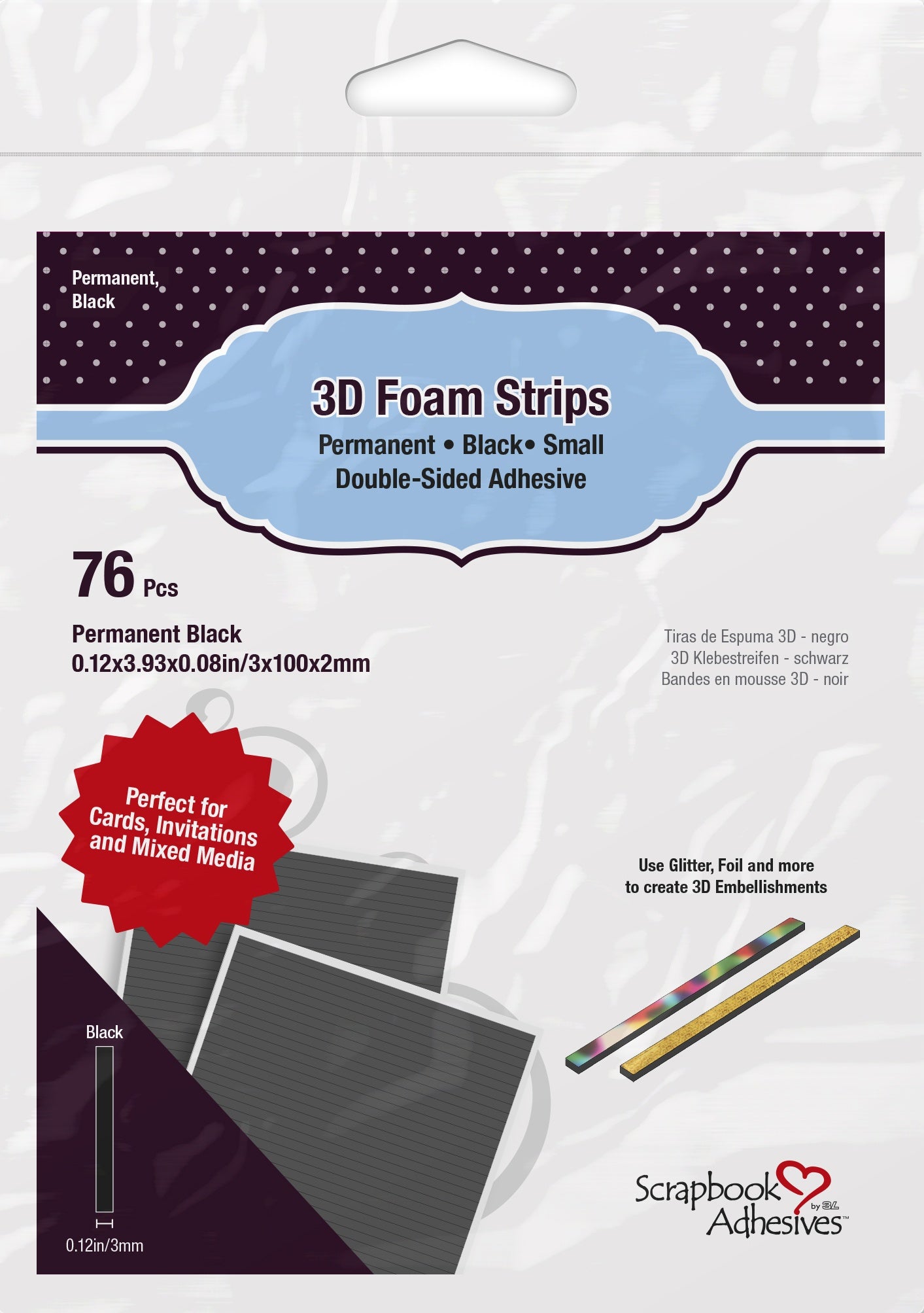 Scrapbook Adhesives 3D Foam Strips 76/Pkg Black, 0.12"X3.93"X0.08"