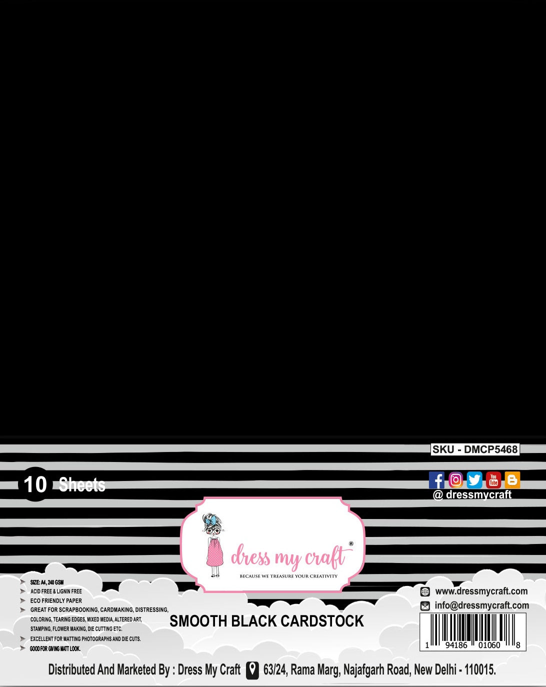 Dress My Craft Smooth Cardstock 240gsm 8.25"X11.75" 10/Pkg-Black