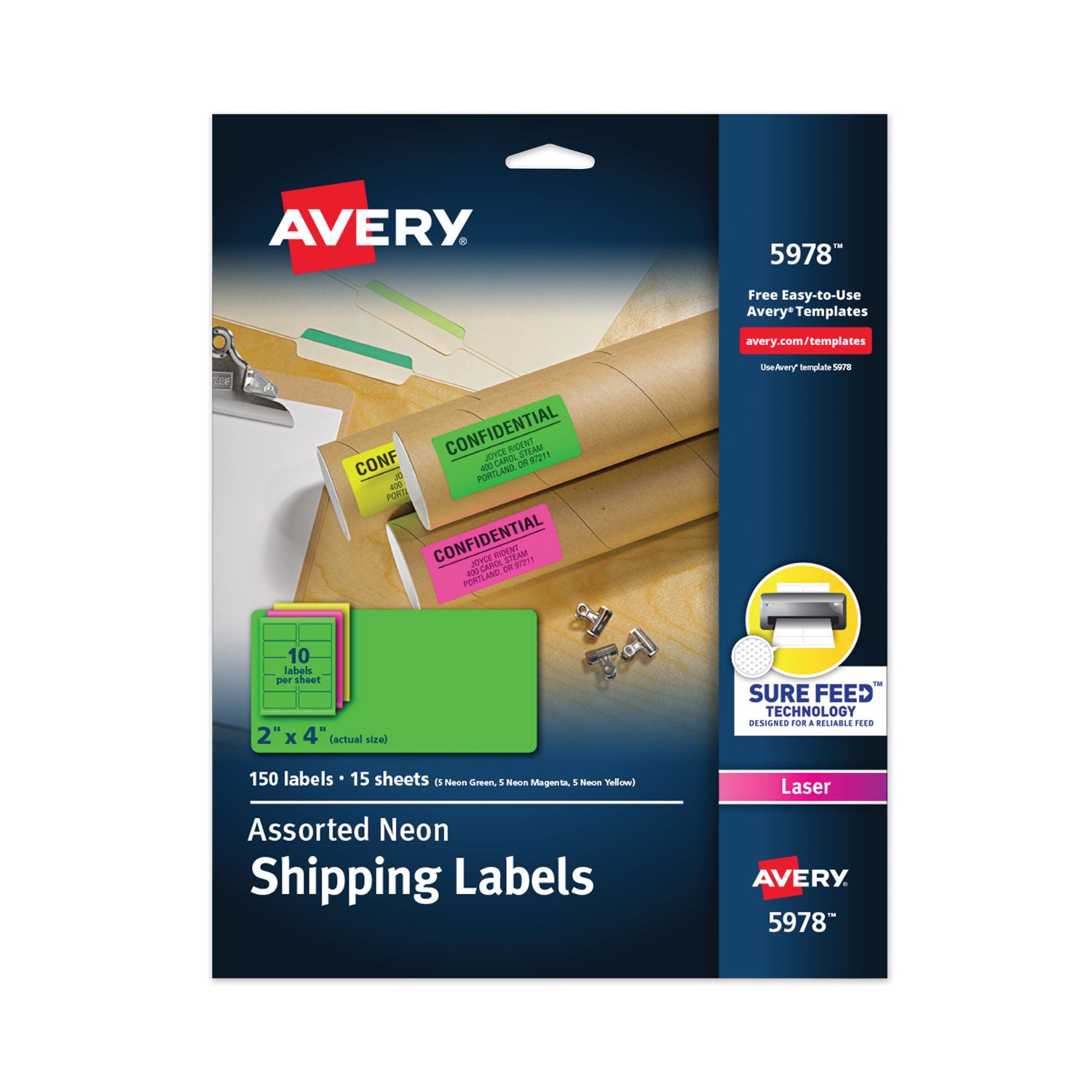 Avery® High-Visibility Permanent ID Labels, Laser, 2 x 4, Asst. Neon, 150/Pack