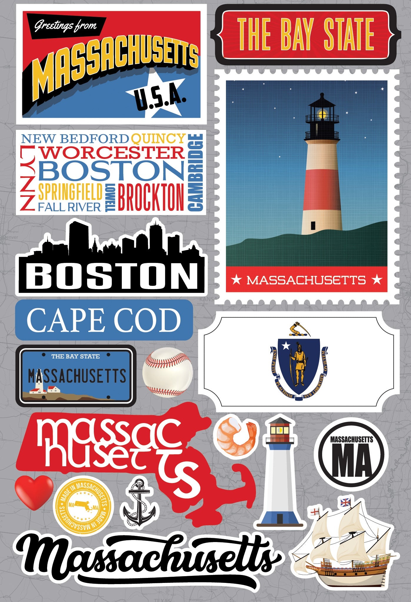Reminisce Jet Setters 3.0 State Dimensional Stickers-Massachusetts