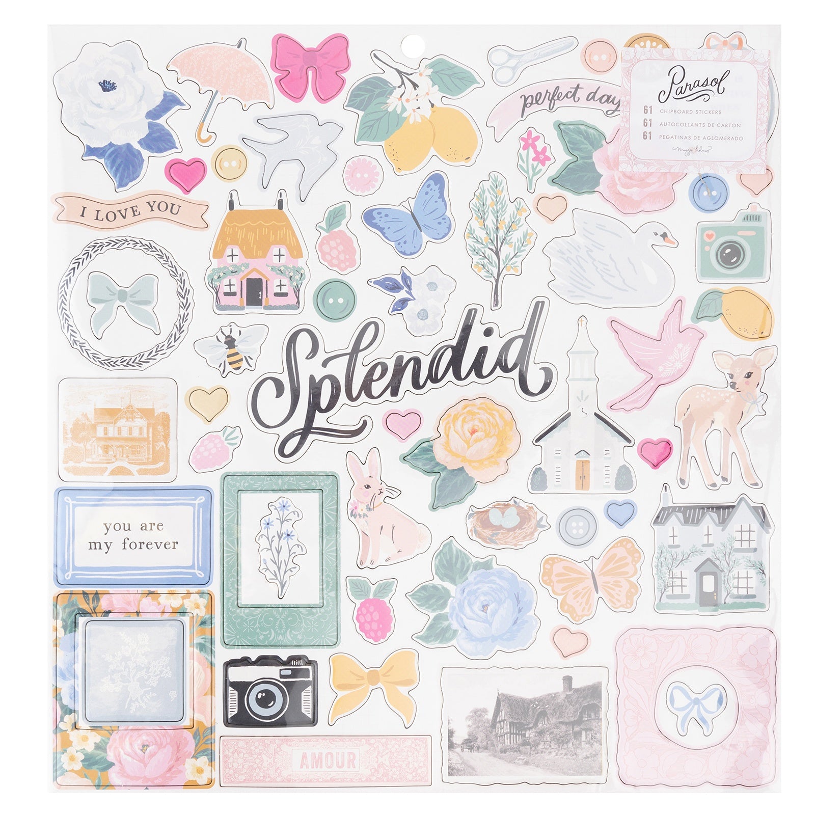 Maggie Holmes Parasol Chipboard Stickers 12"X12"-Icons & Phrase
