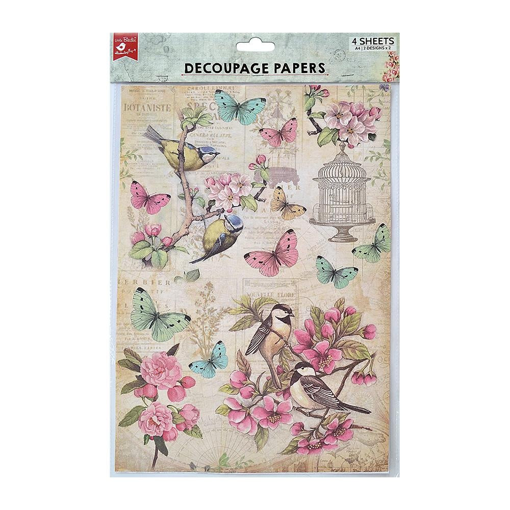 Little Birdie Decoupage Paper A4 4/Pkg-Robin Garden