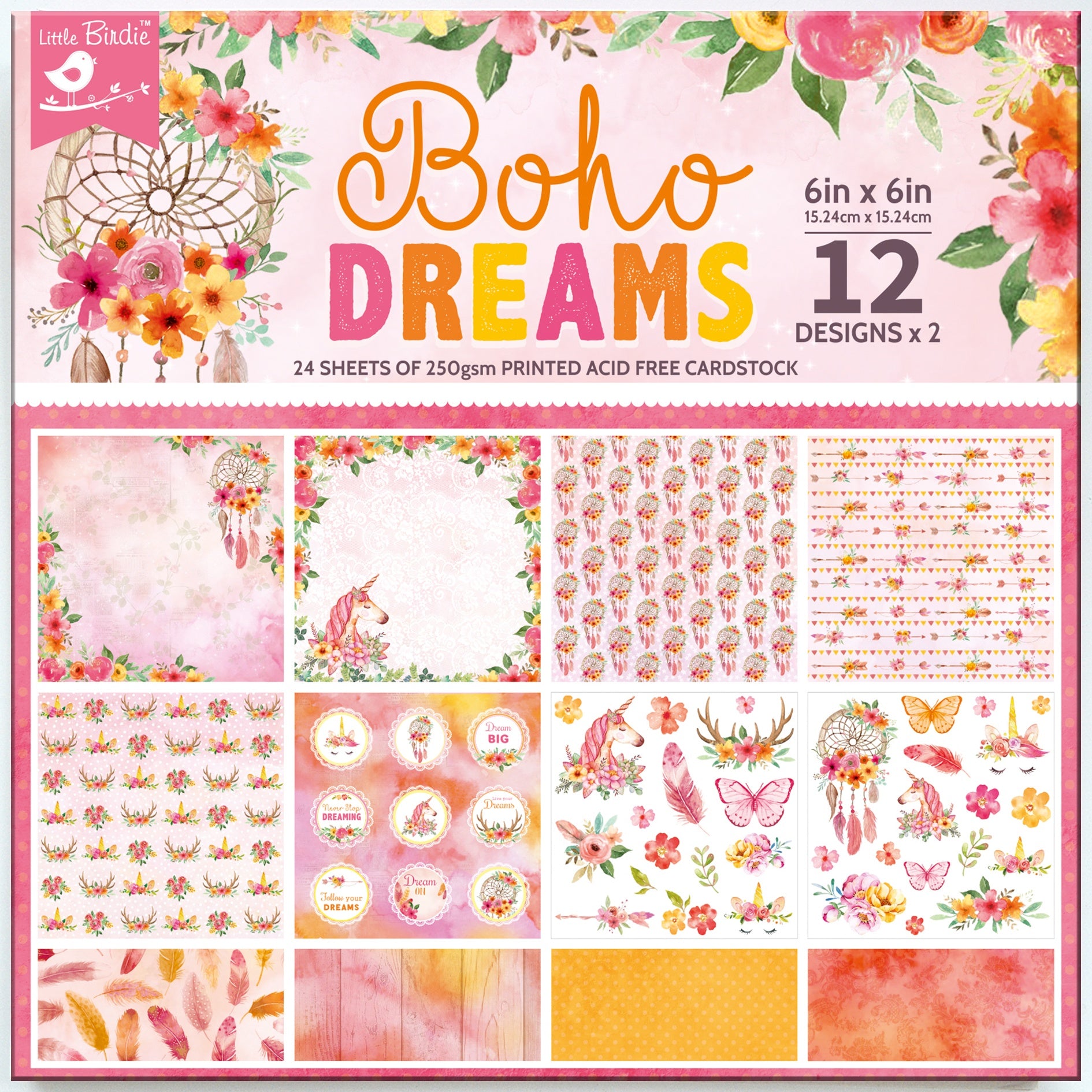 Little Birdie Cardstock Pack 6"X6" 24/Pkg-Boho Dreams