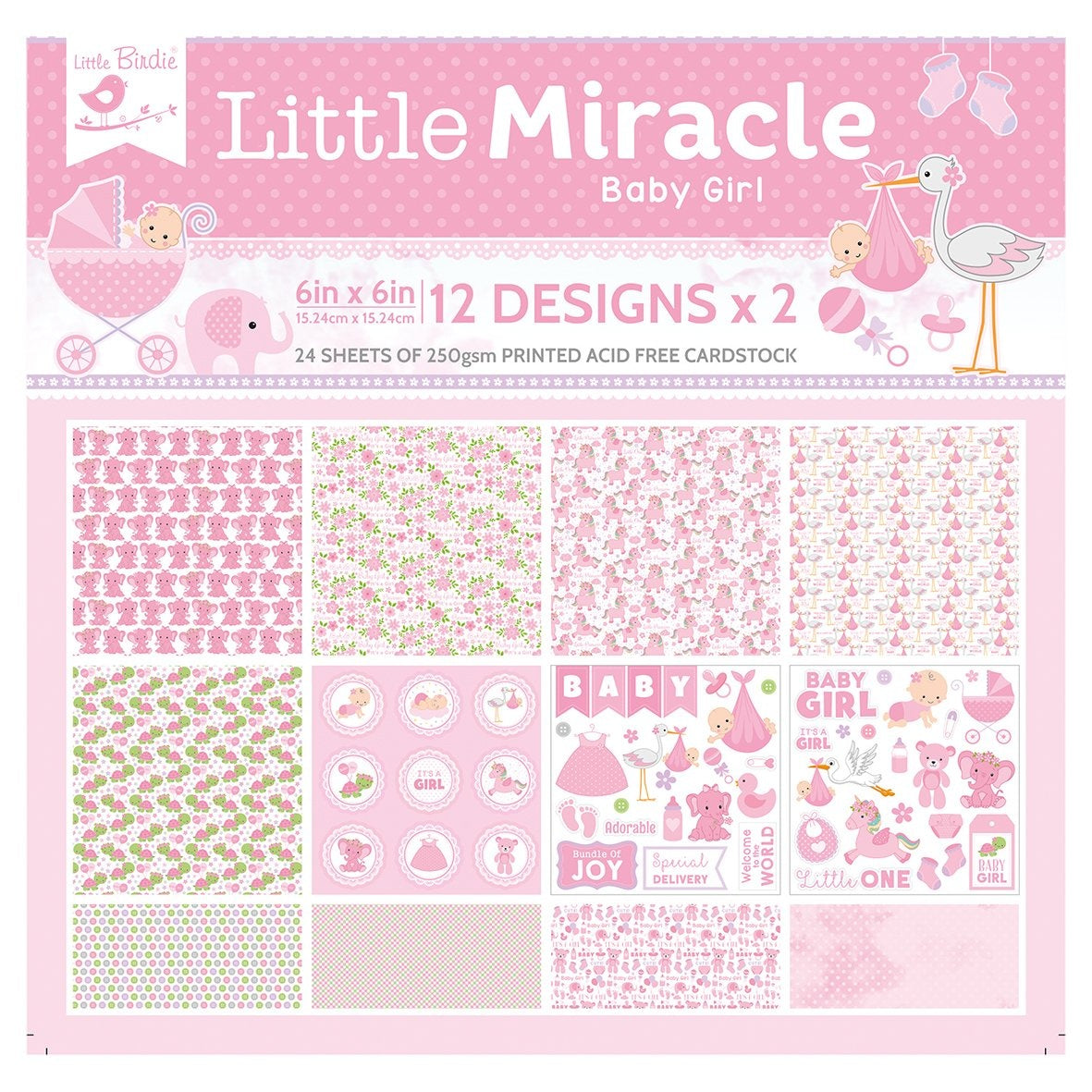 Little Birdie Little Miracle Cardstock Pack 6"X6" 24/Pkg-Baby Girl