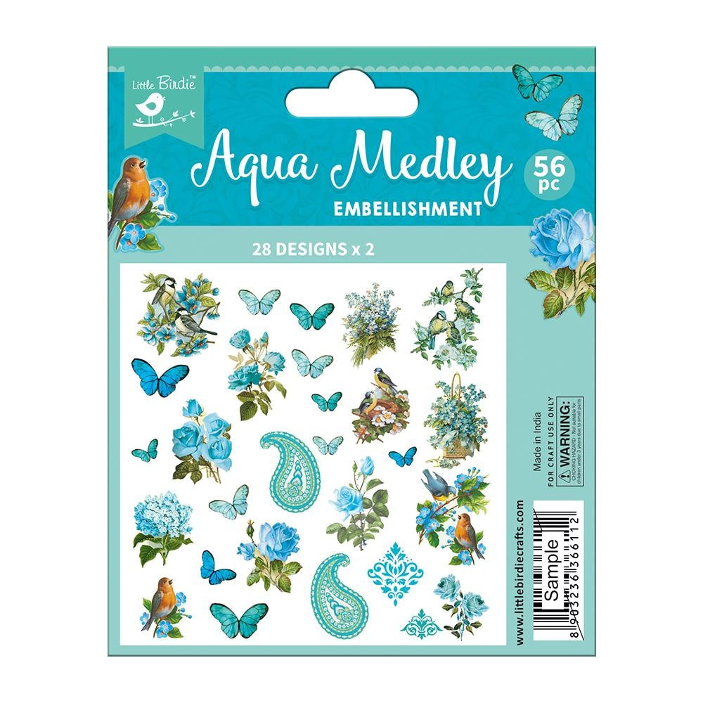 Little Birdie Ephemera 56/Pkg-Aqua Medley