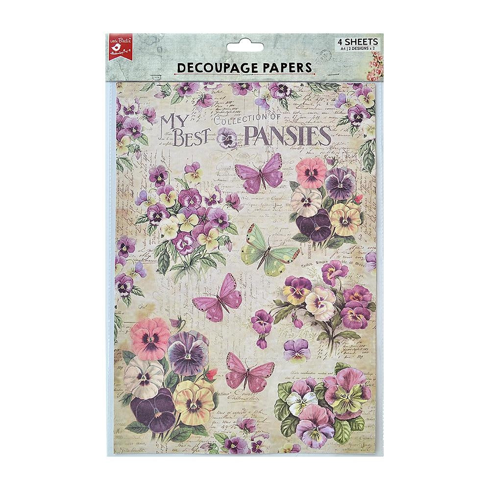 Little Birdie Decoupage Paper A4 4/Pkg-Pretty Pansies & Pancy Garden