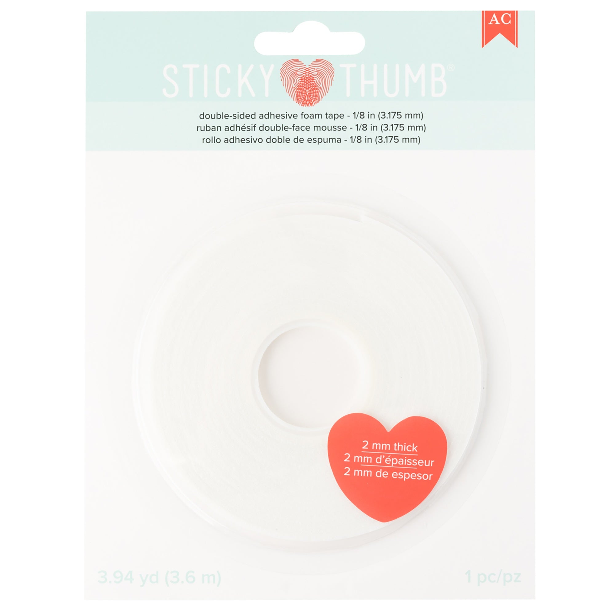 Sticky Thumb Double-Sided Foam Tape 3.94 Yards-White, 0.125"X2mm