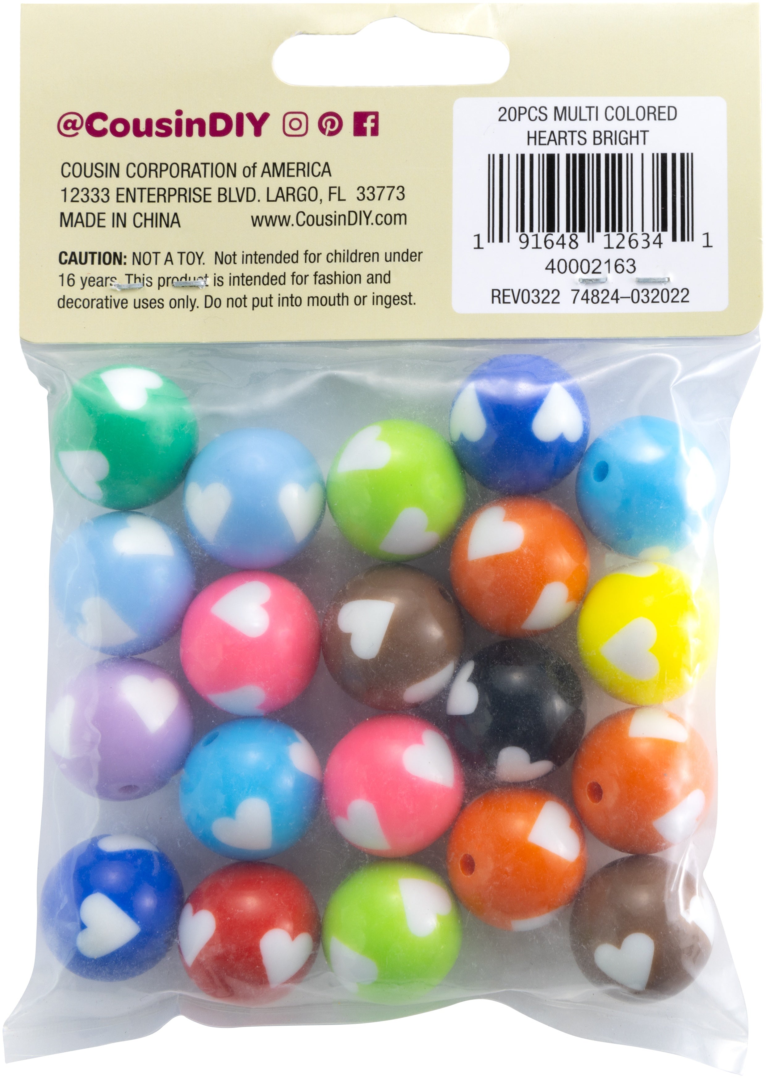 CousinDIY Bubblegum Bead 20mm 20/Pkg-Bright Hearts